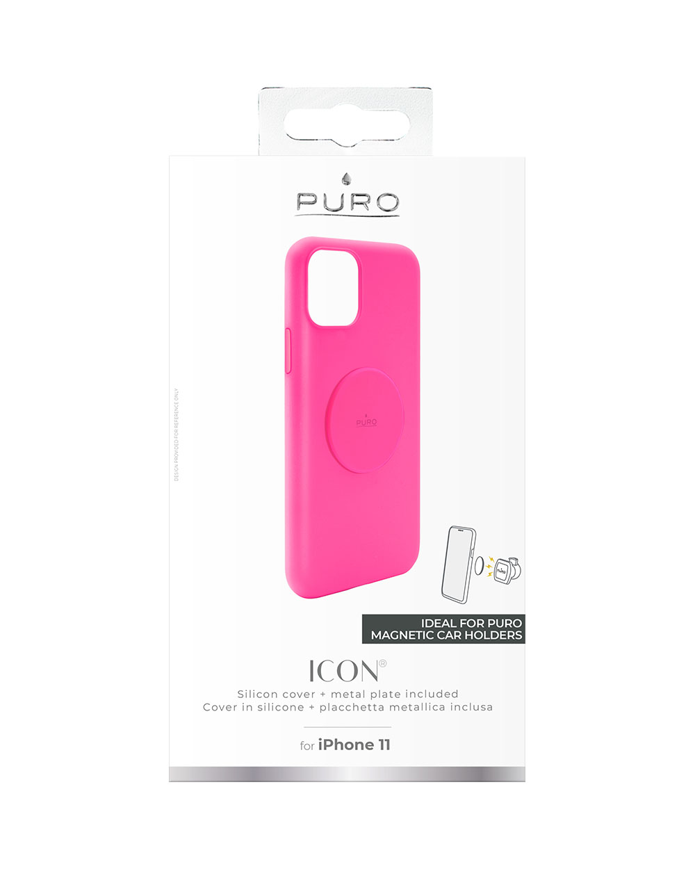 Una custodia per telefono rosa per un iPhone 11, con testo e logo, su sfondo bianco.