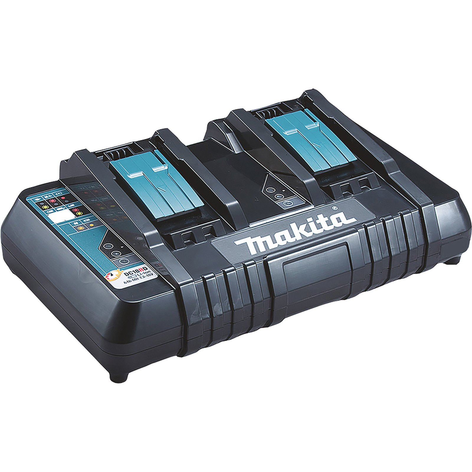 Ein schwarzes Makita-Akkuladegerät mit zwei Ladeschlitzen und türkisfarbenen Akzenten. Das Makita-Logo ist sichtbar.