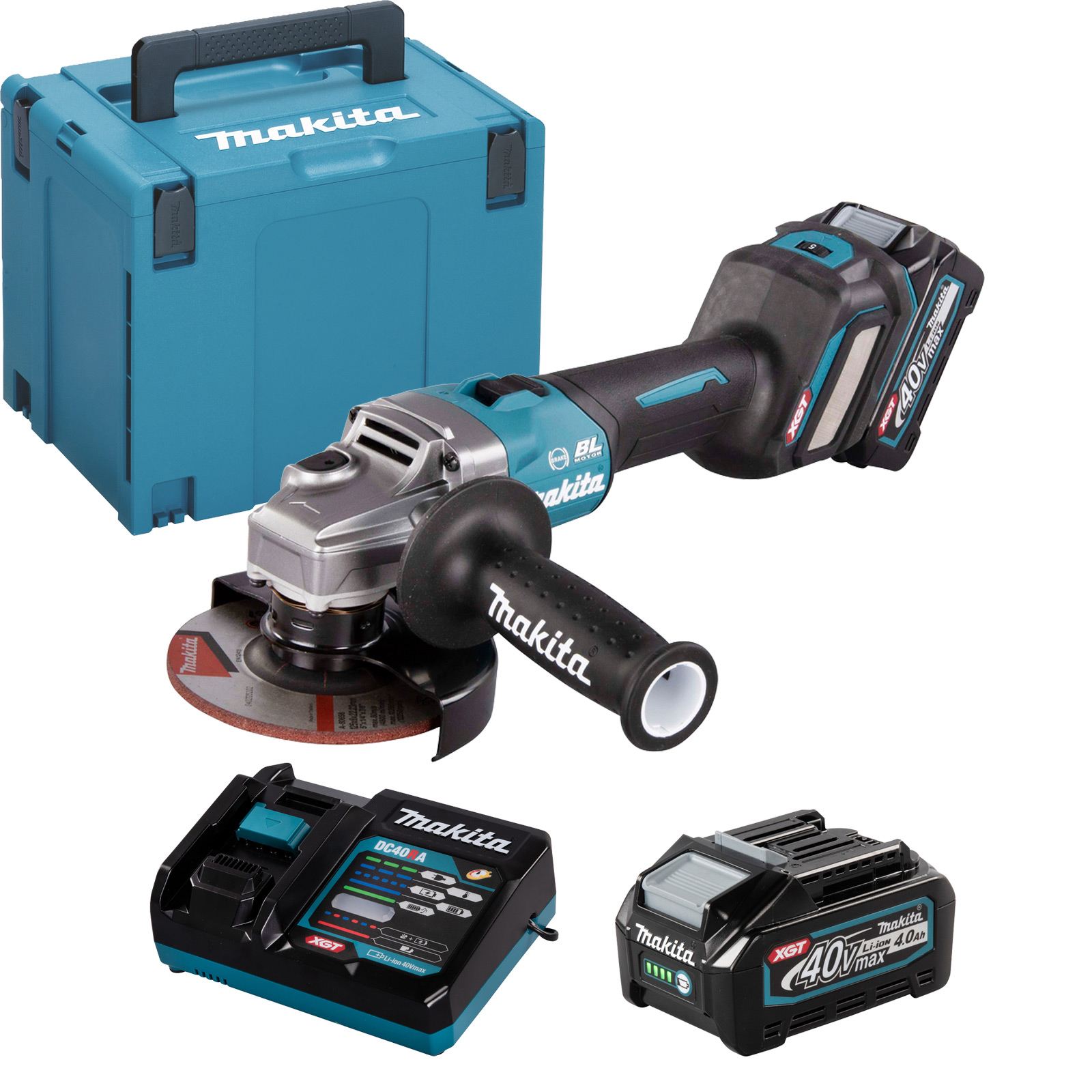 Una amoladora angular, una batería, un cargador y una maleta de transporte turquesa. Todos son Makita.