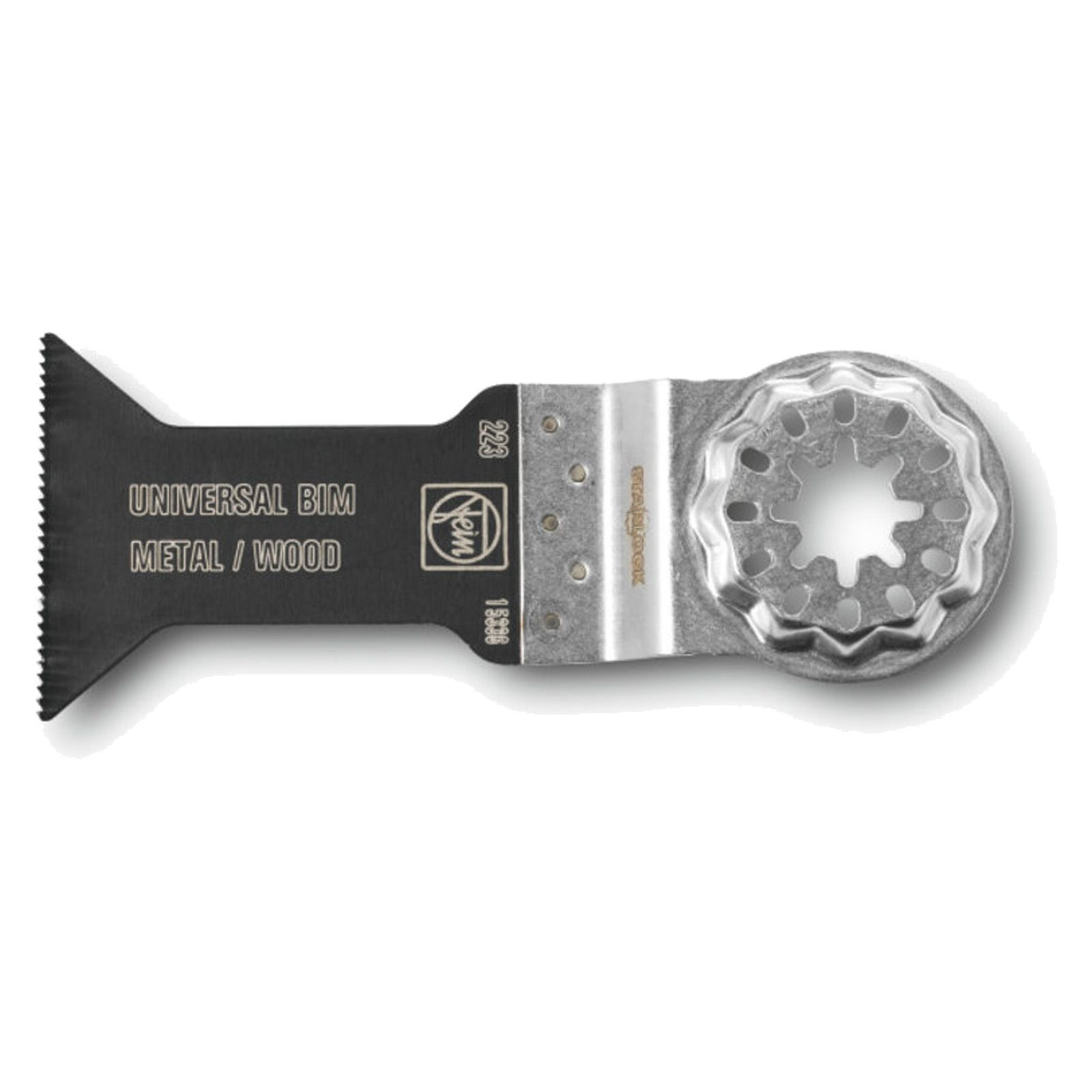 Ostrze do narzędzi wielofunkcyjnych metal-drewno z napisem 'UNIVERSAL BIM METAL/WOOD' na białym tle.