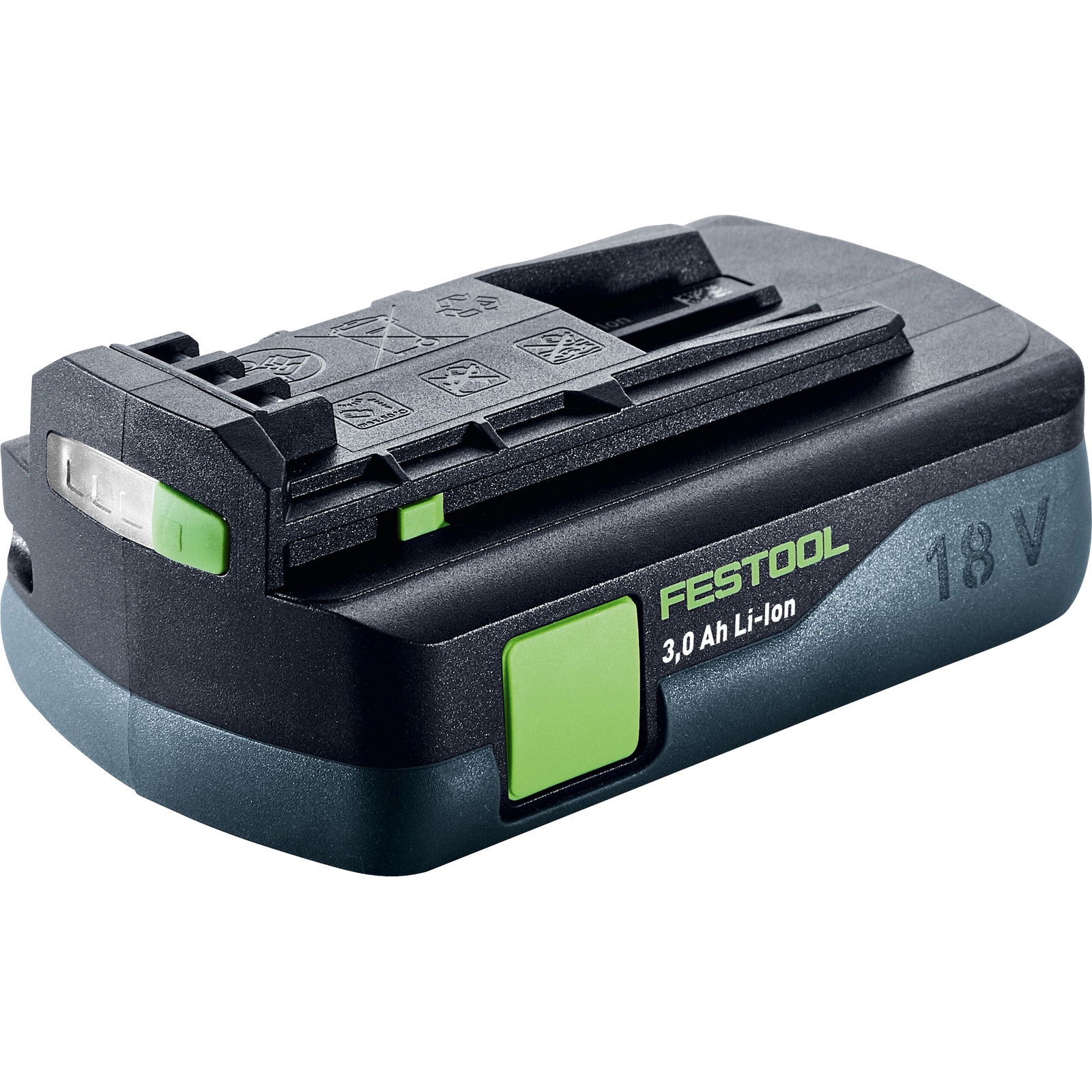 Una batteria nera e verde acqua con un pulsante verde e una parte superiore nera. Per utensili Festool 18 V.