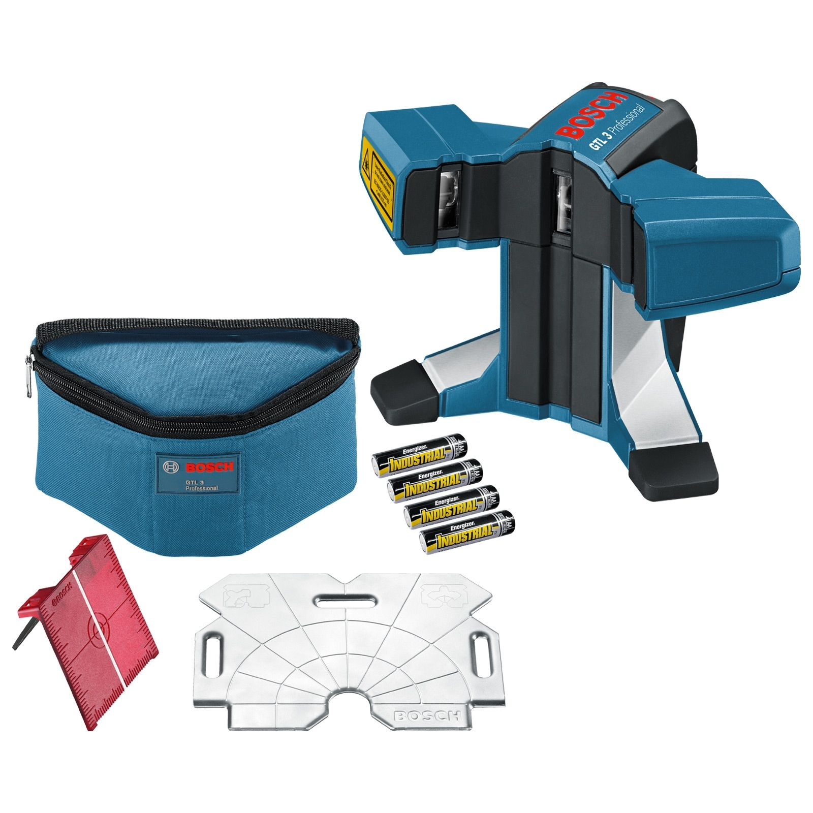 Profesjonalny poziom laserowy Bosch GTL 3, etui, baterie, czerwony kąt i biały kątomierz są widoczne.