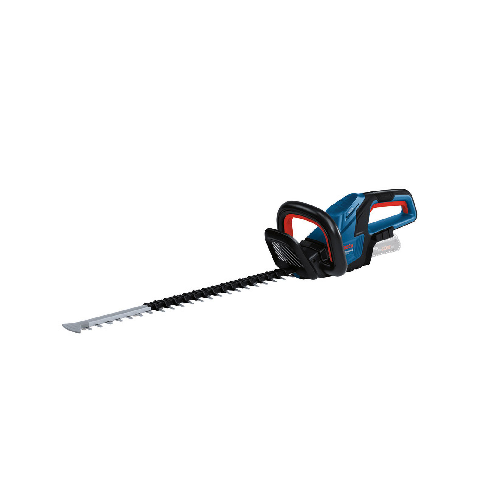 Un taille-haie sans fil bleu et noir sur fond blanc.