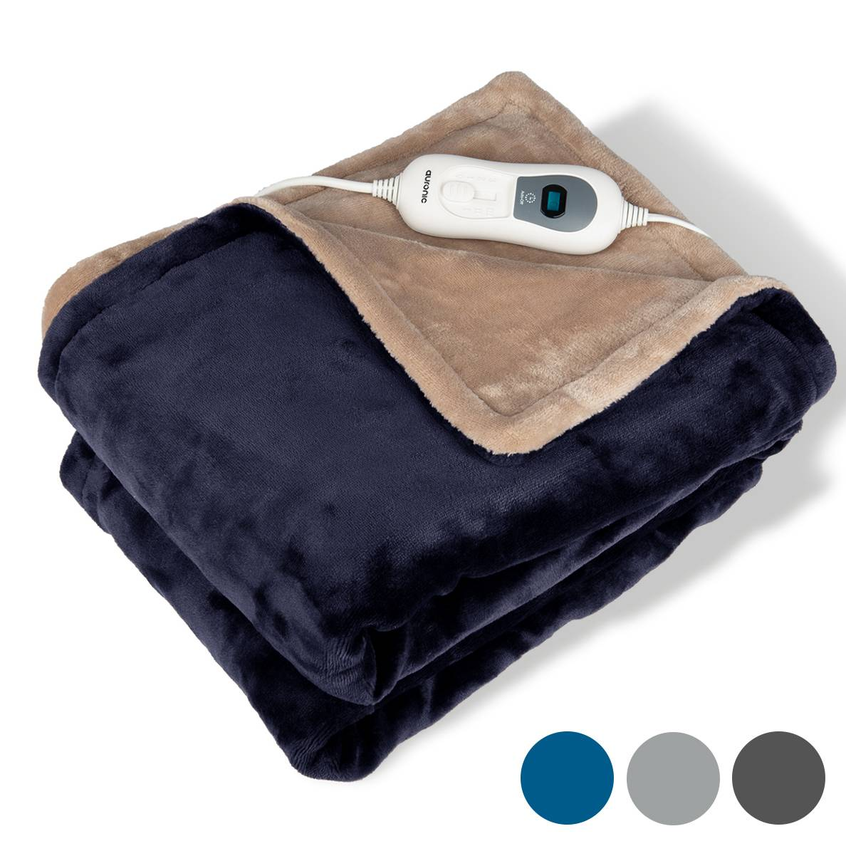 Folded blue and tan electric blanket, with a white controller and three color swatches at the bottom.