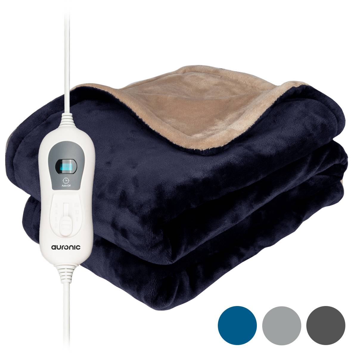 Navy electric blanket with beige top layer and white control panel.