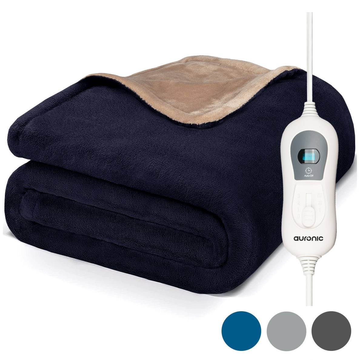 Navy blue electric blanket, folded with a beige top layer. There are three color swatches at the bottom.