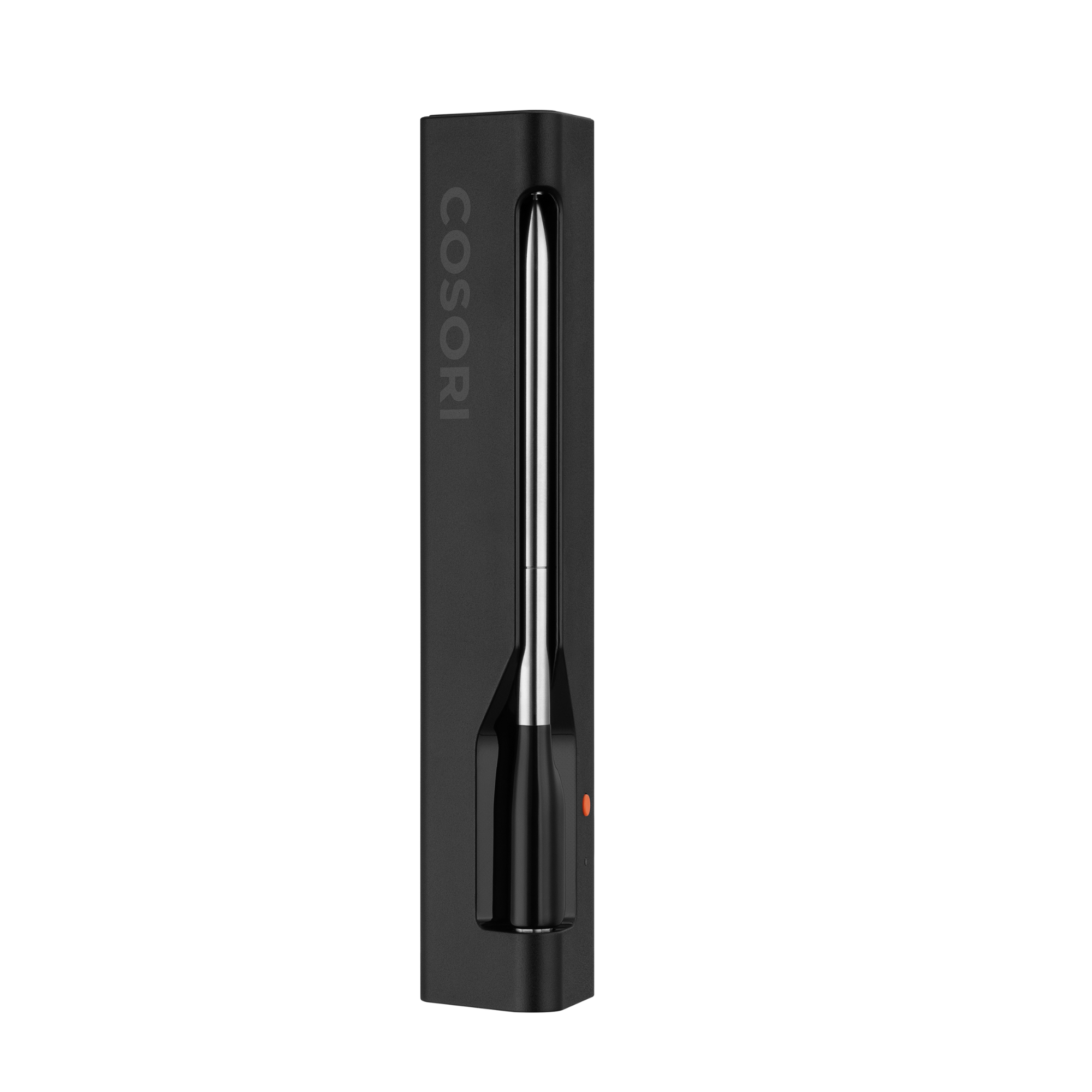 Termómetro negro con sonda plateada dentro de un soporte negro. La marca es COSORI.