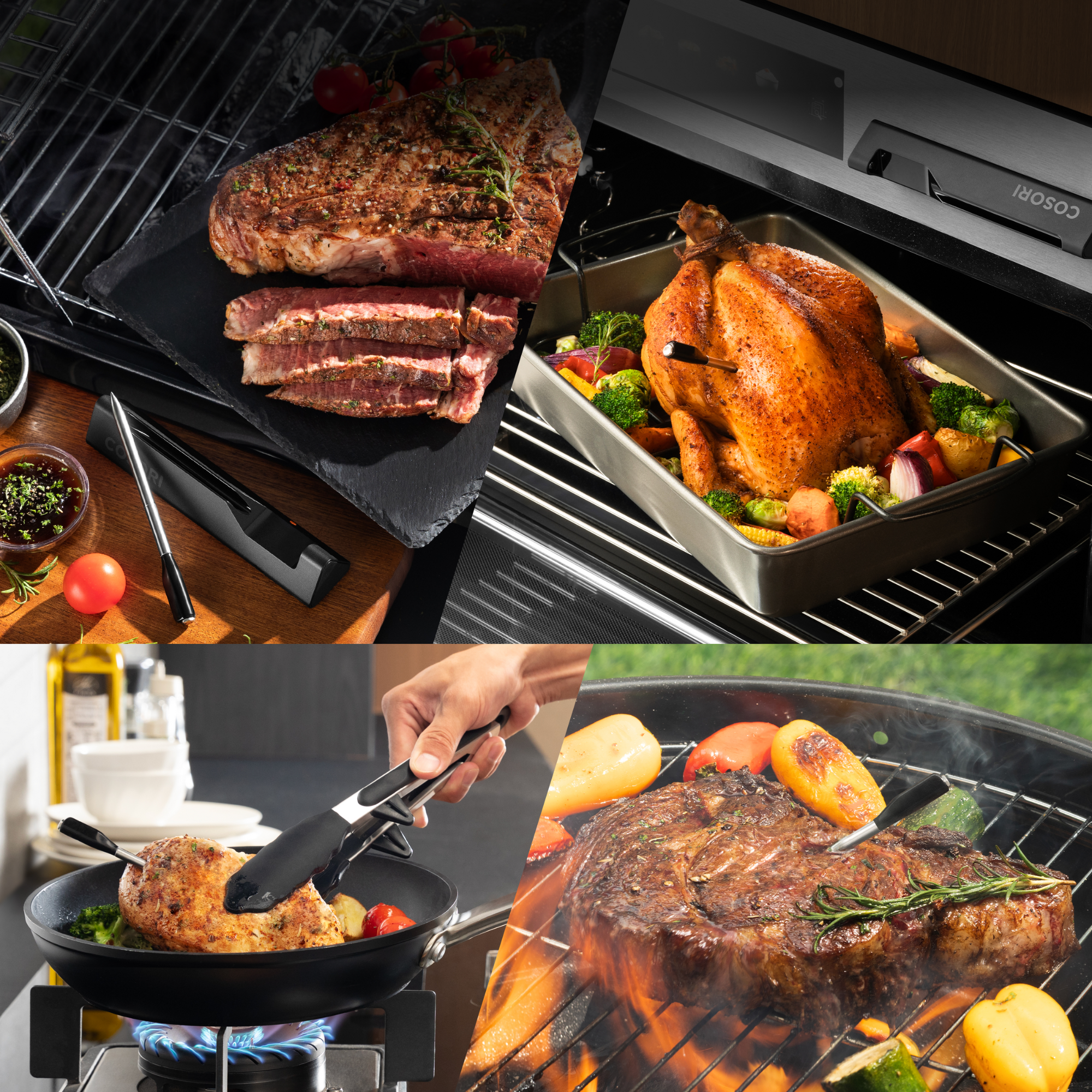 Un collage de comida cocinada, bistec, pollo y verduras, sobre un fondo oscuro.