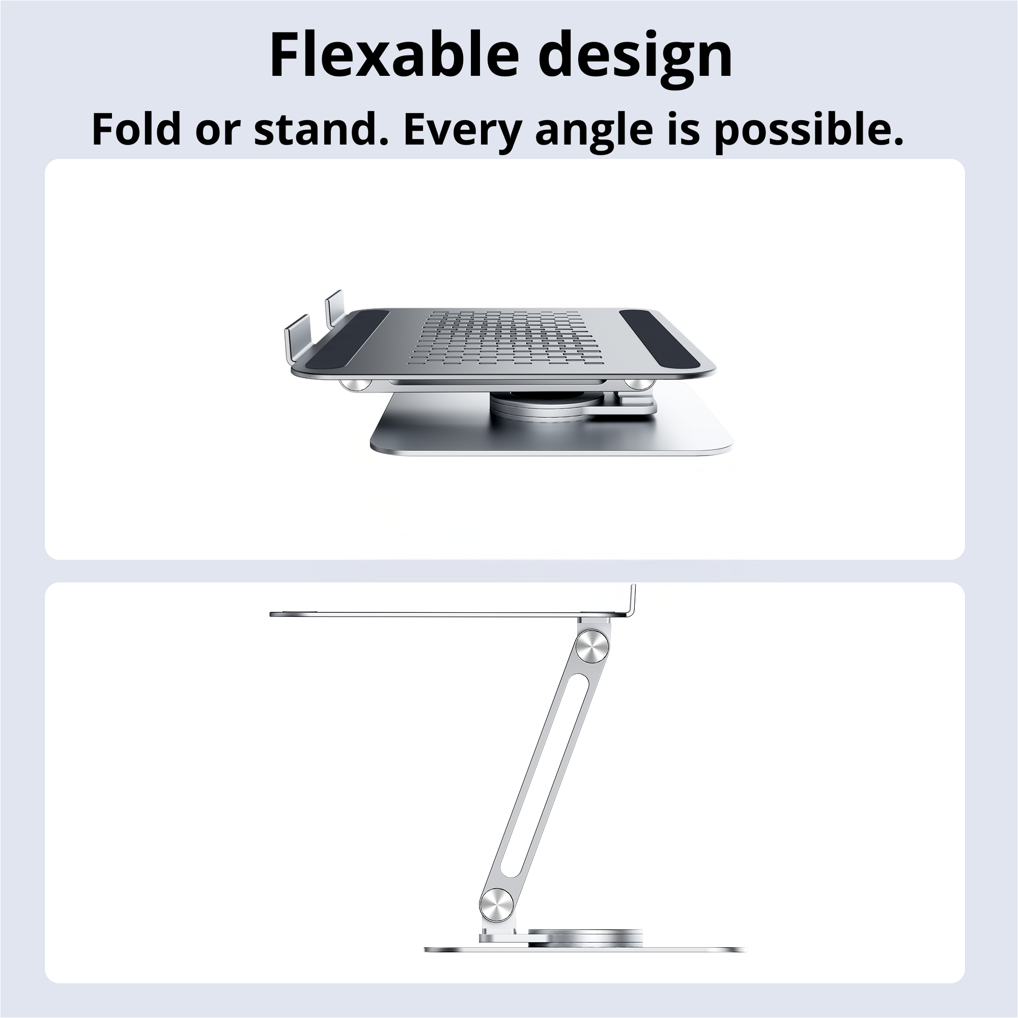 Laptopständer in zwei Positionen: gefaltet und stehend. Silberfarbe, weißer Hintergrund.