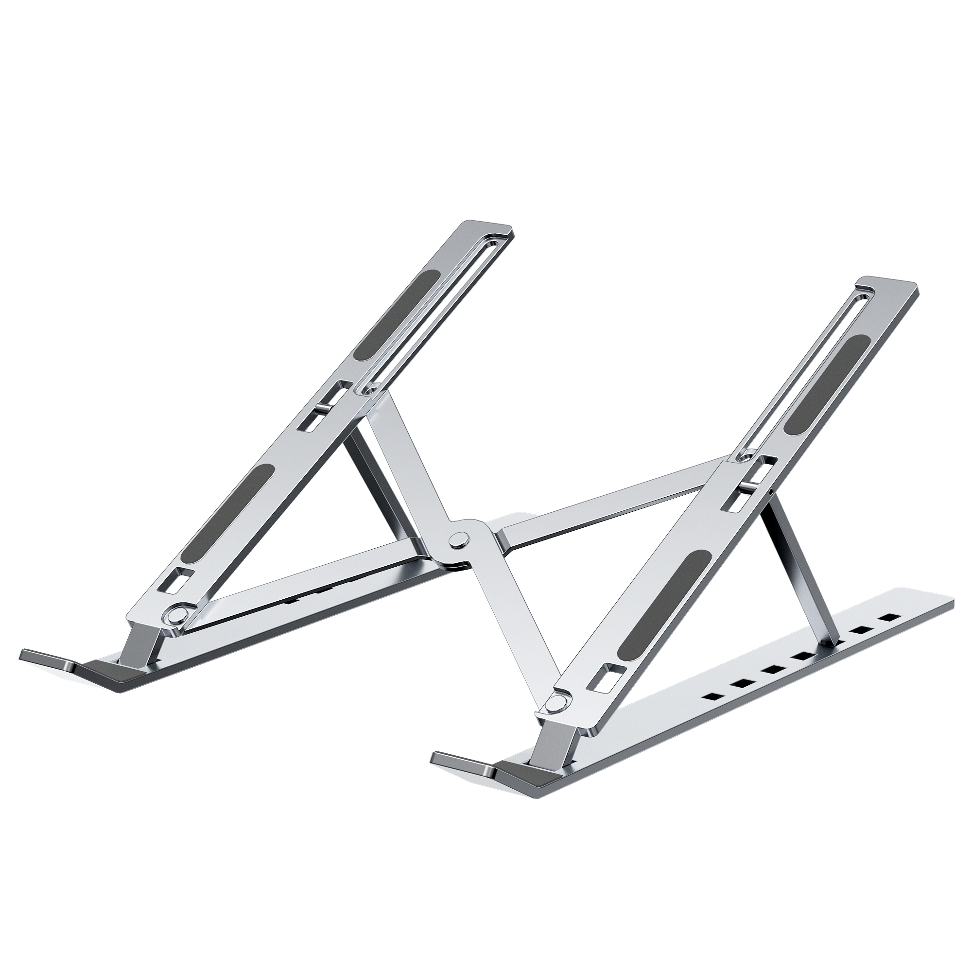Silver laptop stand. It is adjustable with a black base.