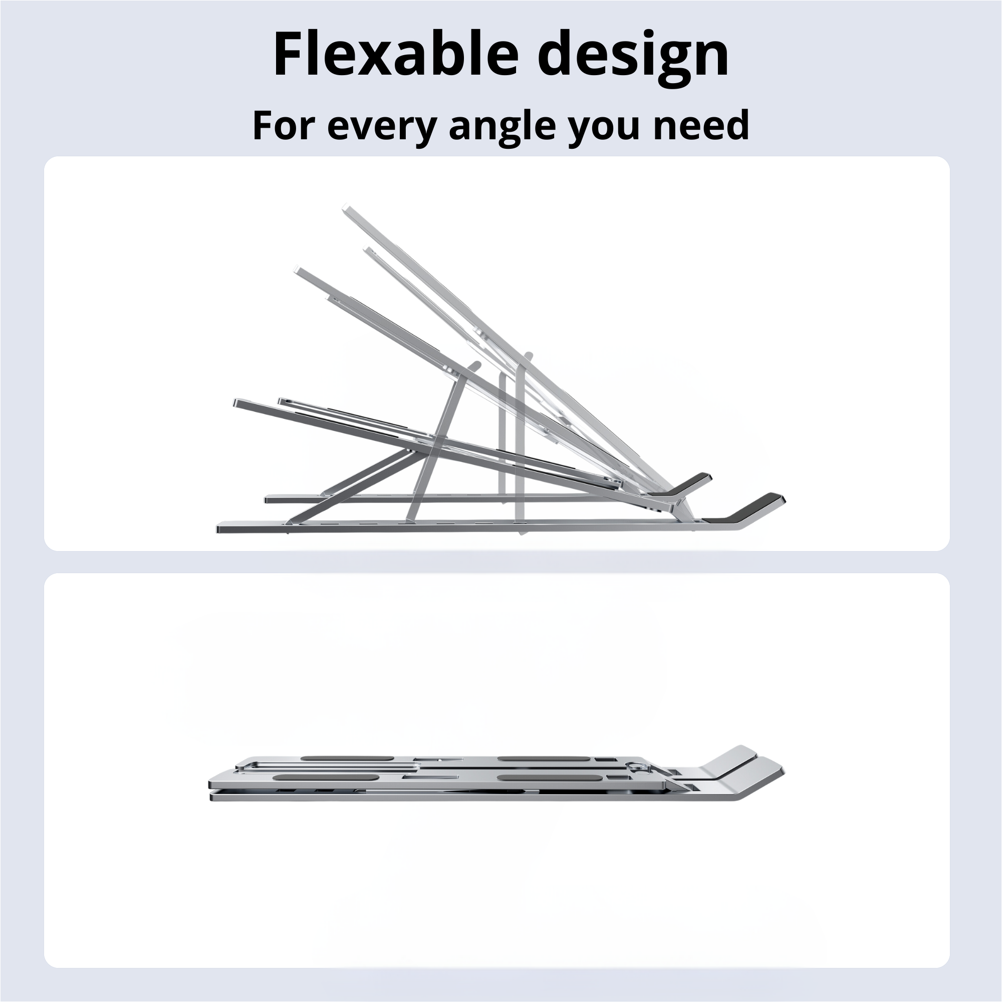 Silver laptop stand in different positions. The stand can be adjusted for various angles.