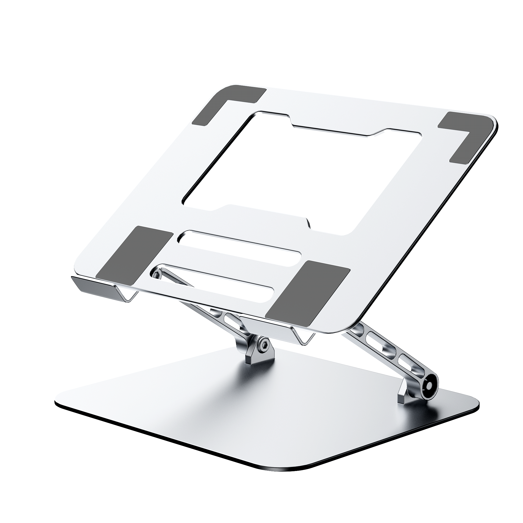 A silver laptop stand with gray pads on a black background.