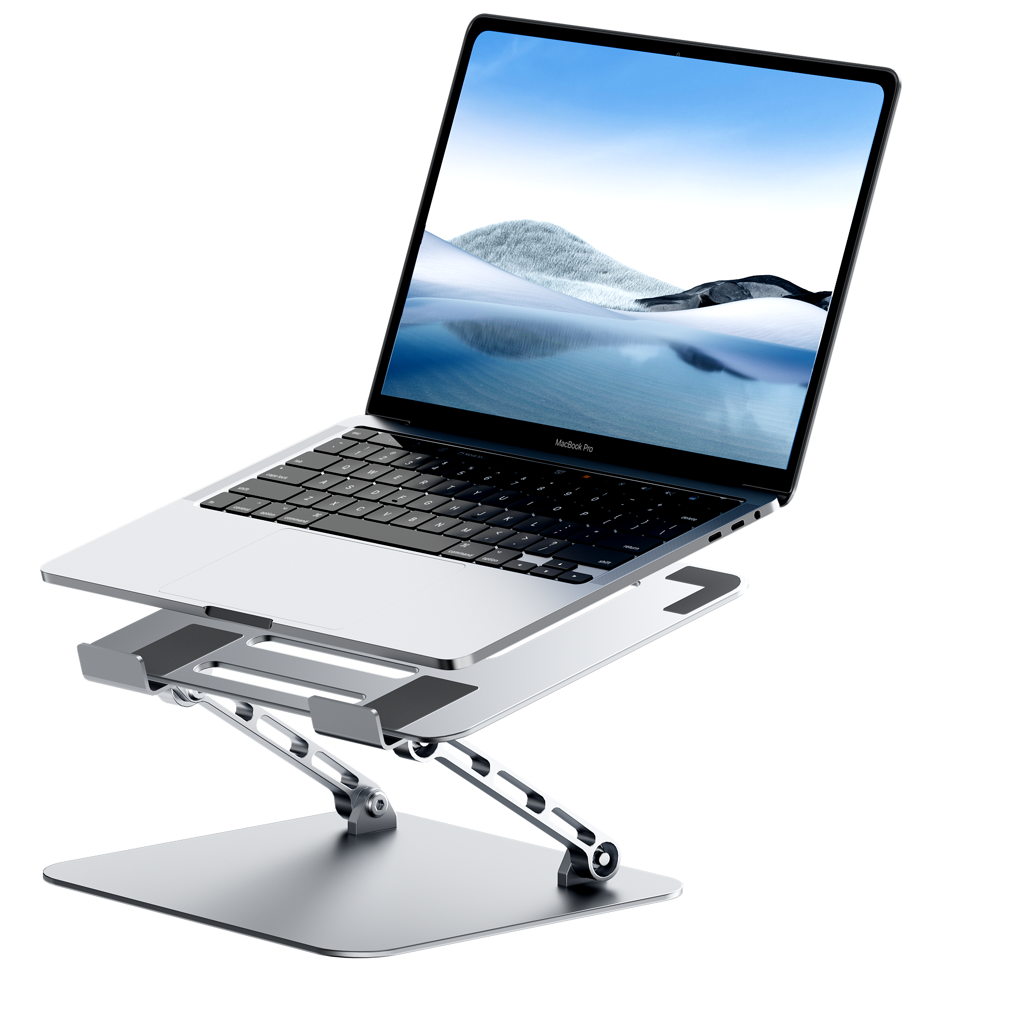 Laptop on a silver stand. The laptop is open, displaying a snowy mountain scene.