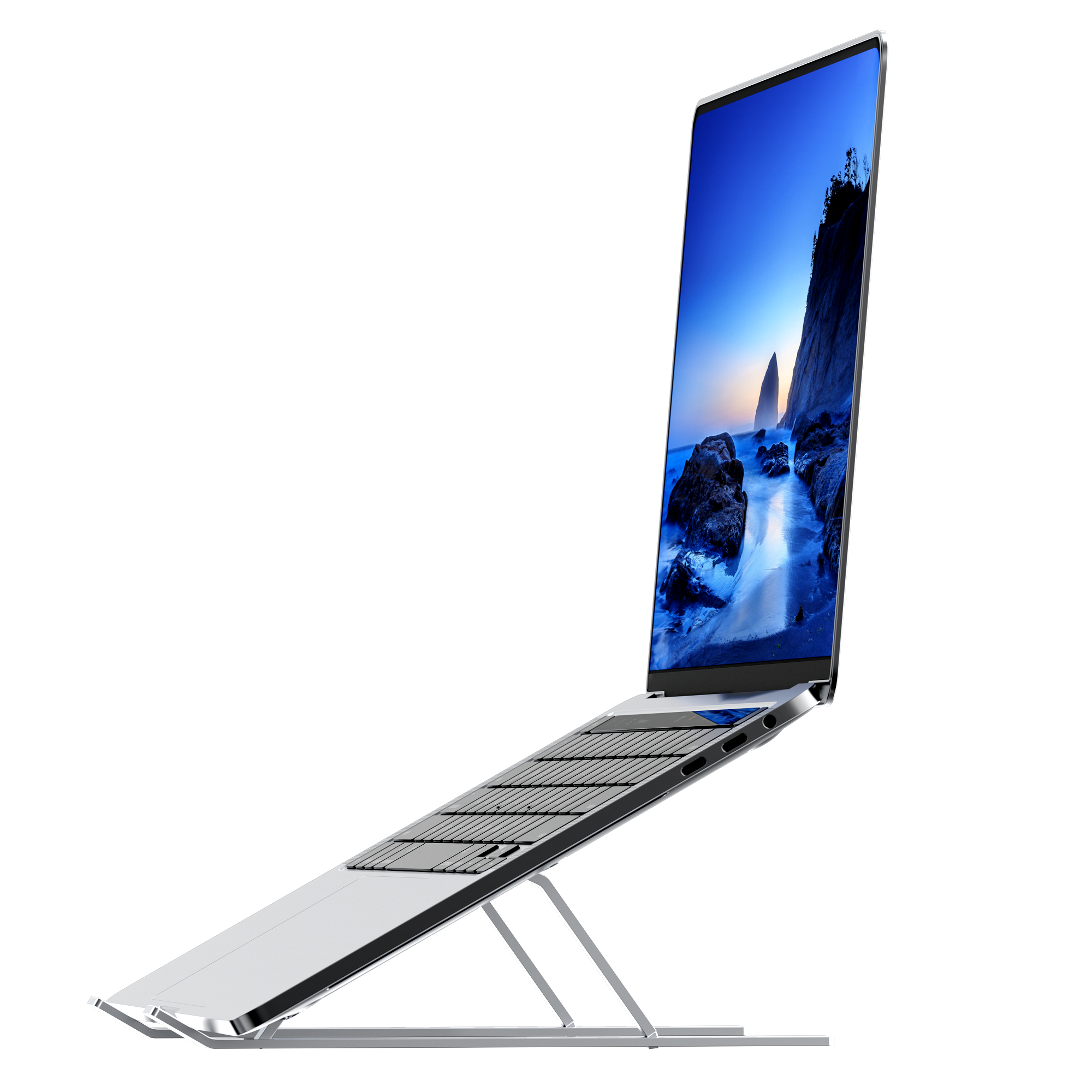 A silver laptop on a stand, open, displaying a beach scene on the screen, against a white background.