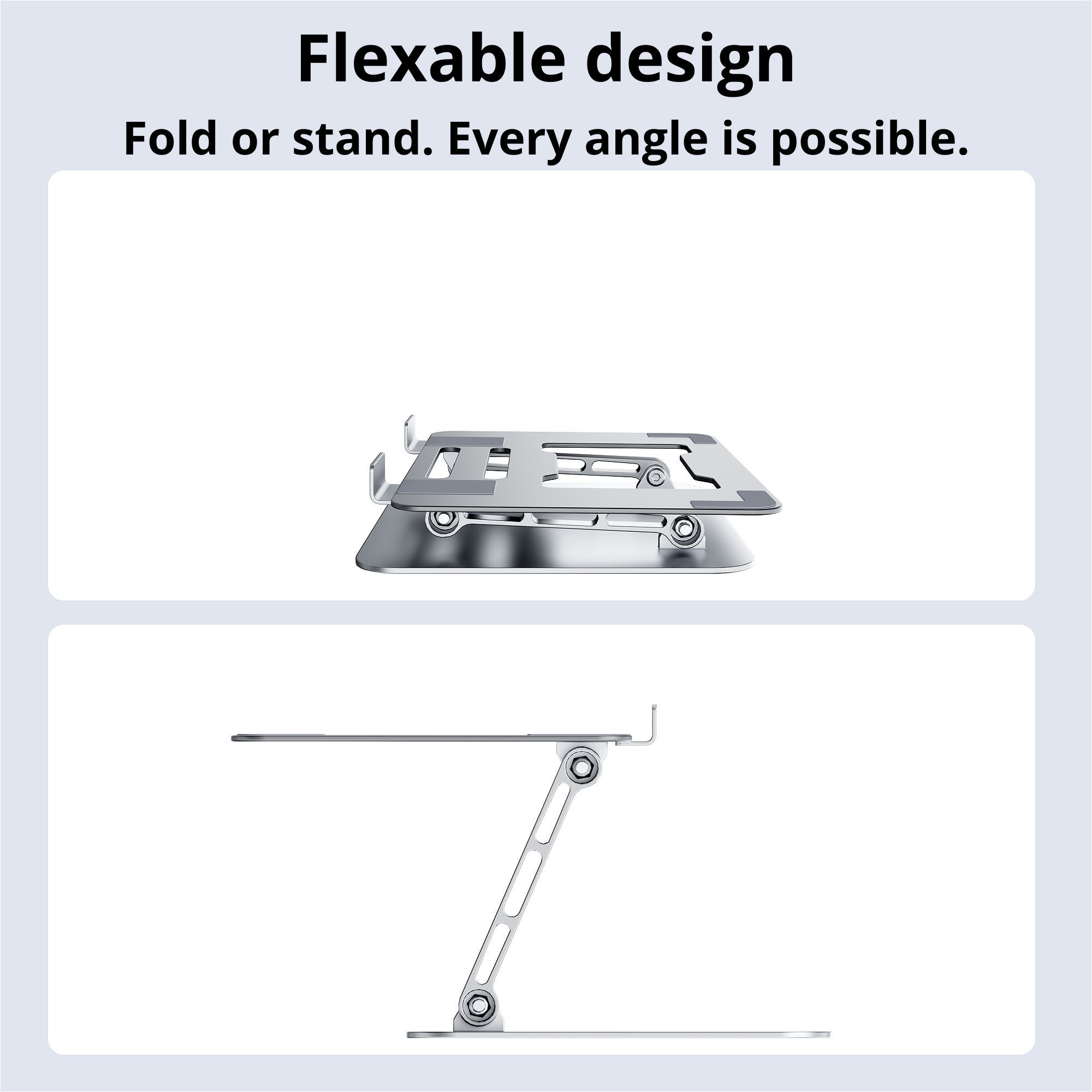 Silver laptop stand, shown folded and in the standing position.