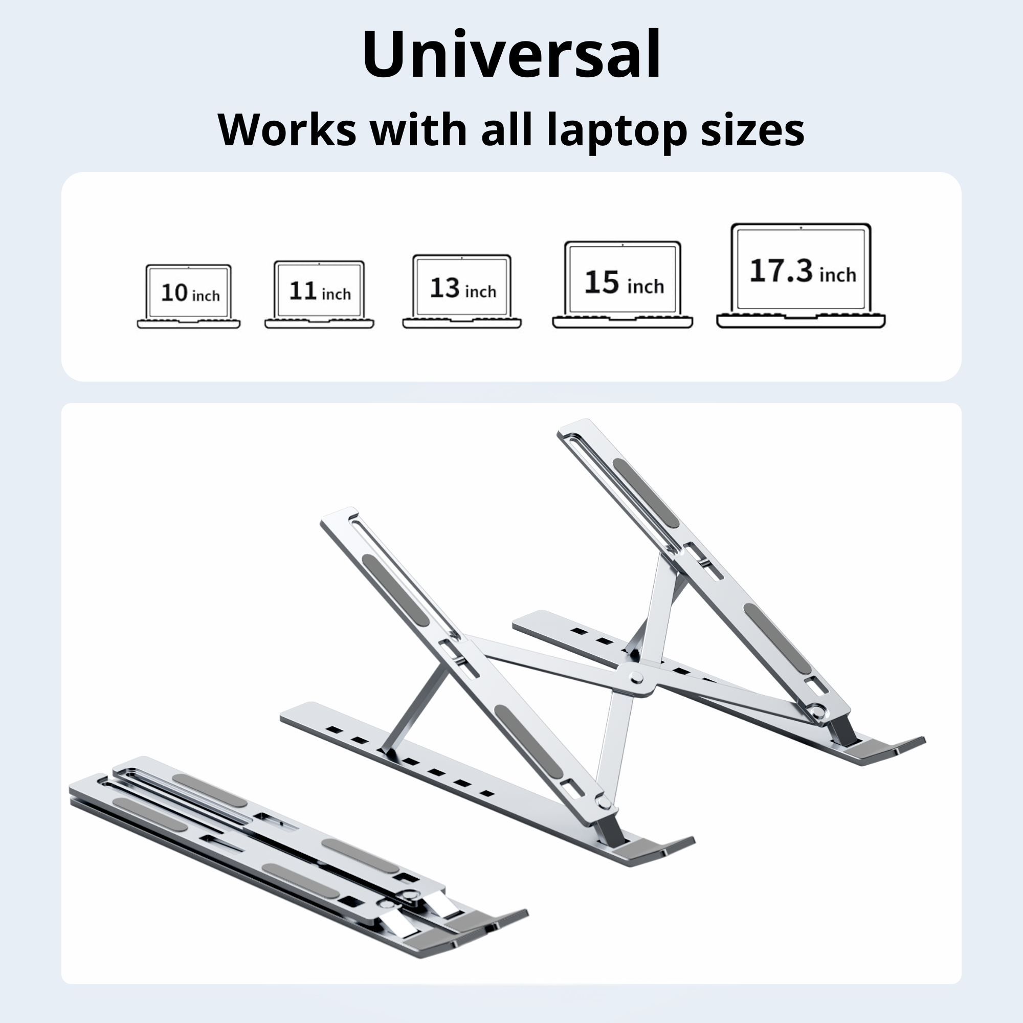 Laptop stands with different sizes, with graphics depicting laptop sizes from 10 to 17.3 inches.