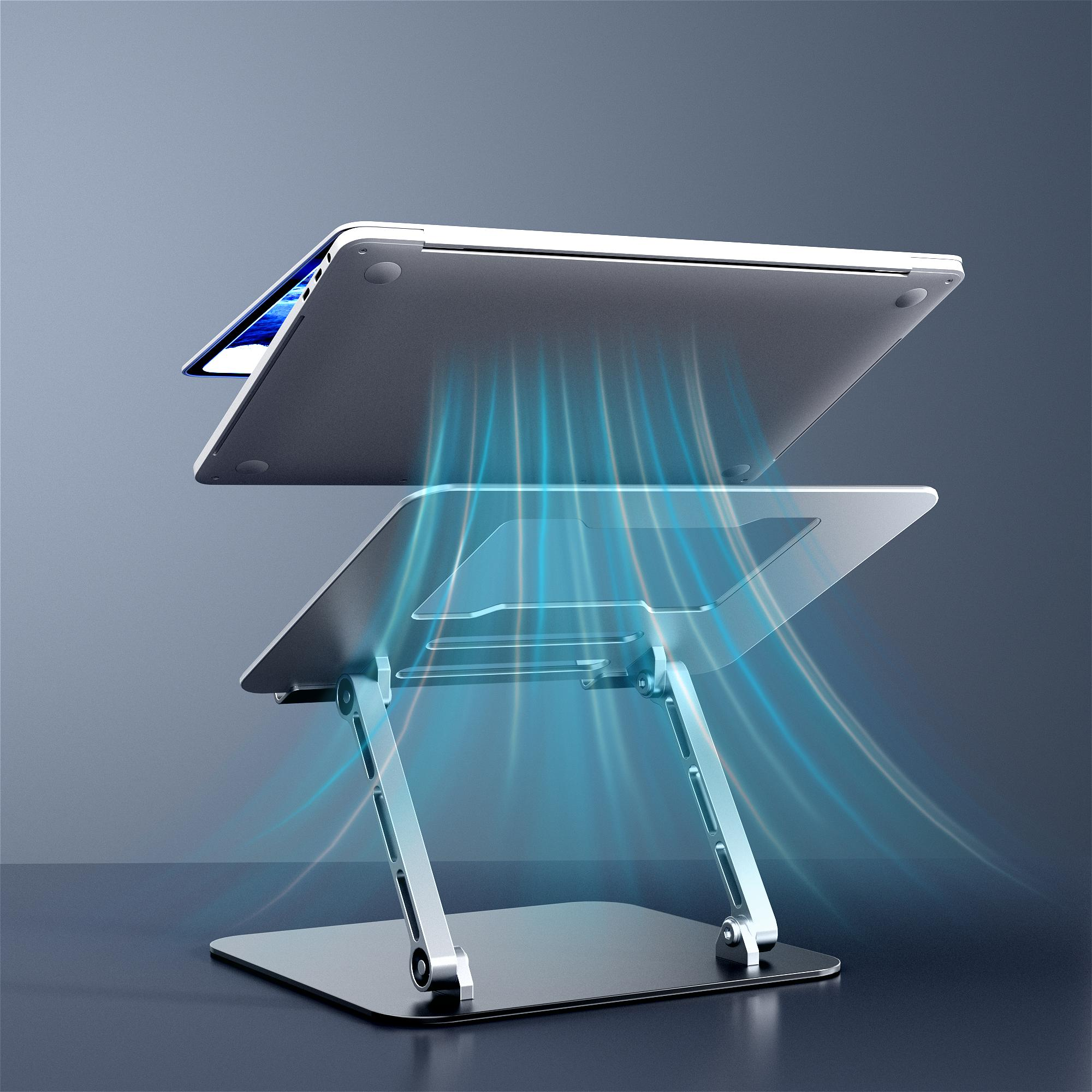 Laptop on a silver stand, with the screen open, illustrating air flow and cooling.