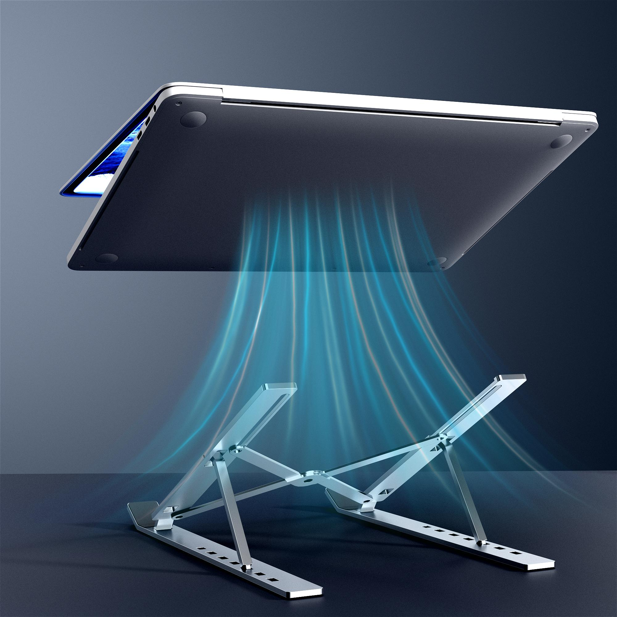 Laptop on a silver stand. Blue airflow from the bottom. Modern design, angled for use.