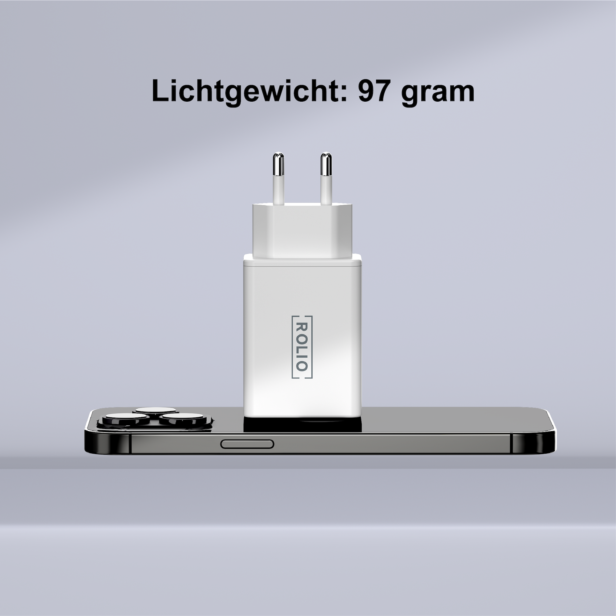 Chargeur de téléphone blanc sur un téléphone, avec le texte Lichtgewicht: 97 grammes.