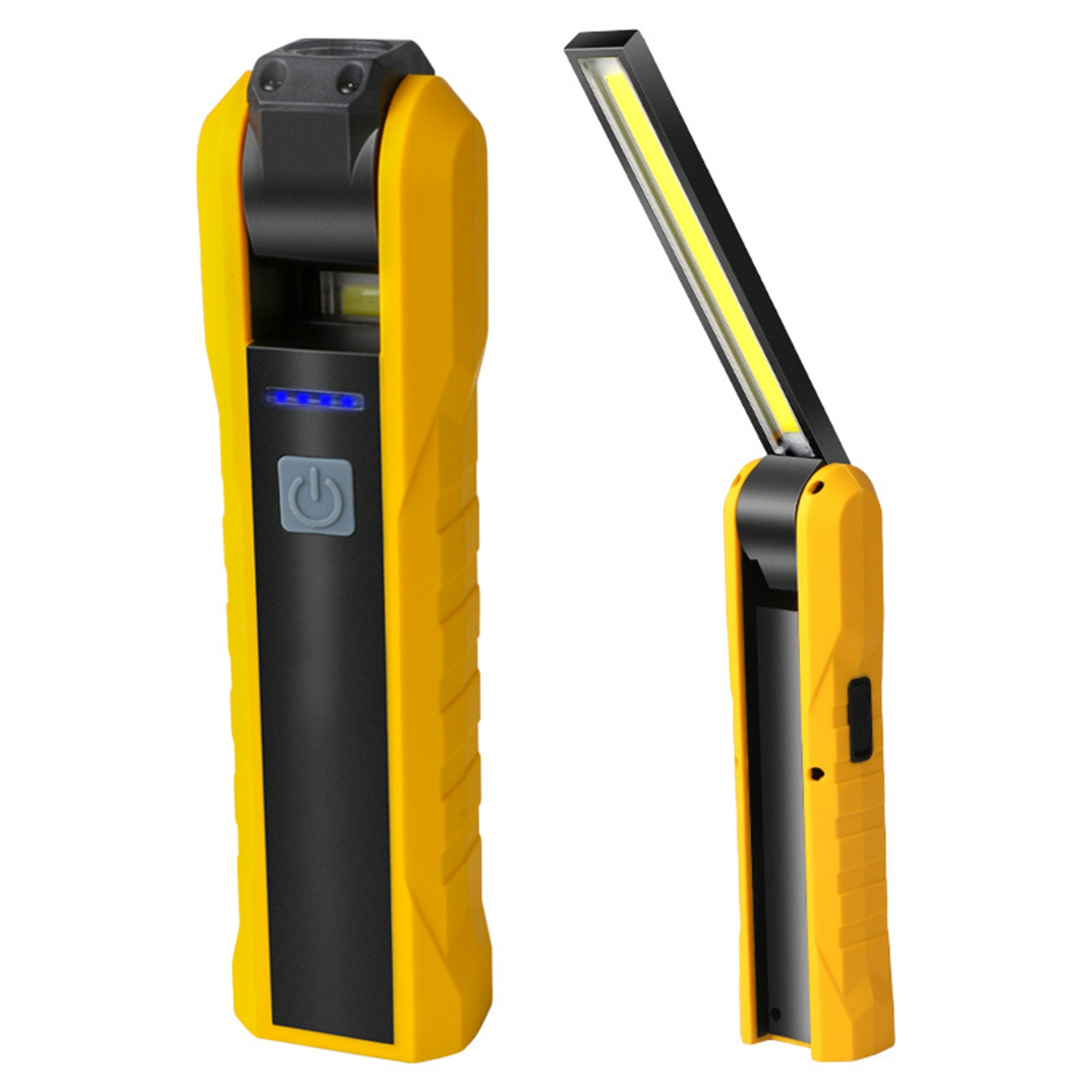Gelb-schwarze LED-Arbeitsleuchte, eine geschlossen, die andere offen mit hellem Licht.