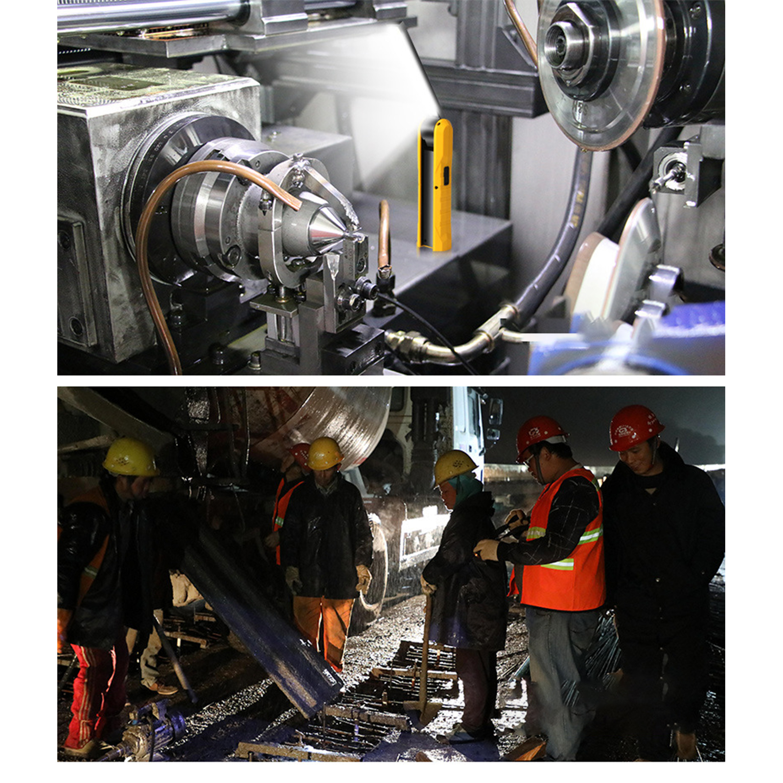 Zwei Bilder. Maschinen in einer Fabrik, Arbeiter mit Schutzhelmen untersuchen eine Bahntrasse nach einem Unfall.