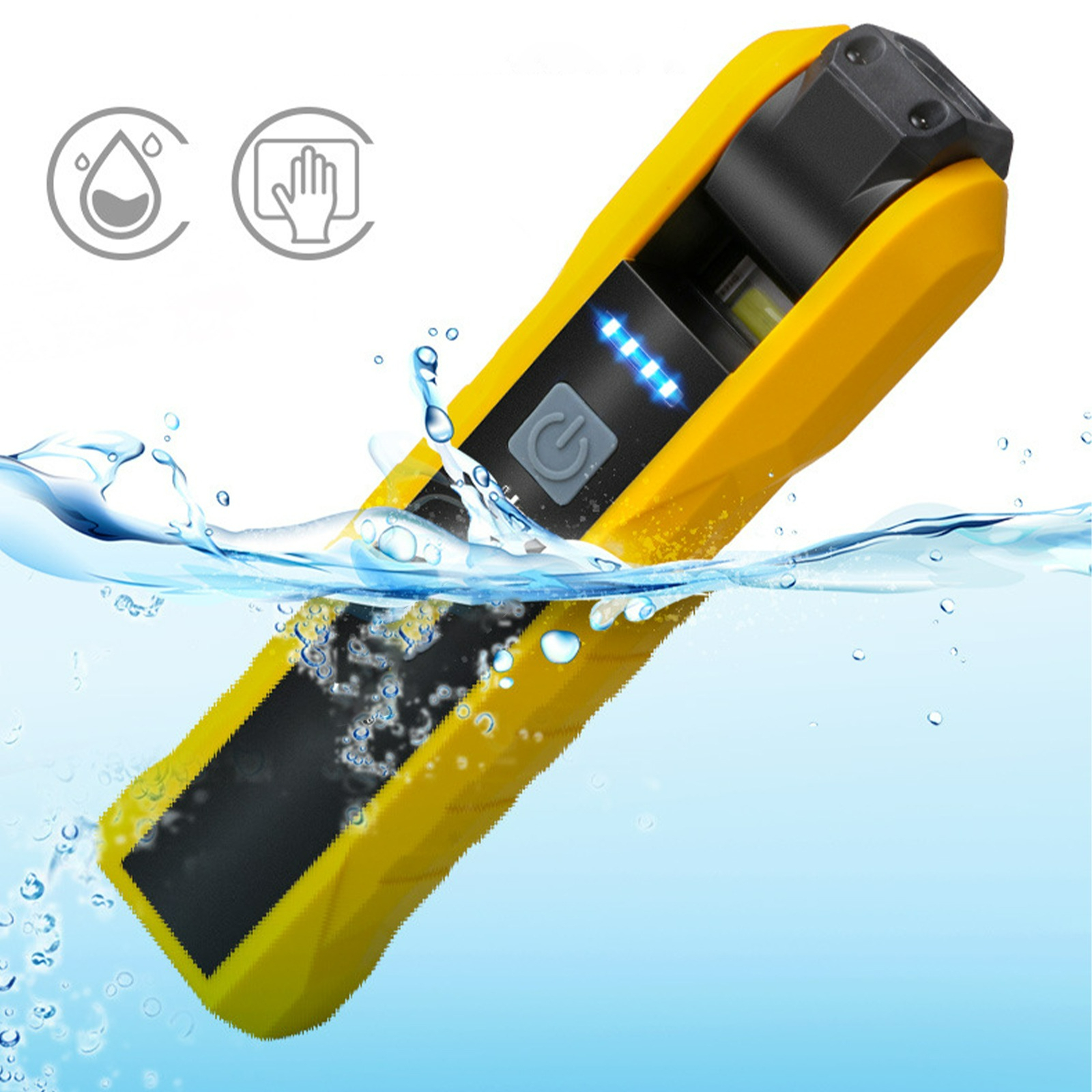 Ein gelbes wasserdichtes Gerät, das in Wasser eingetaucht ist. Das Gerät hat einen Bildschirm und einen Ein-/Ausschalter.