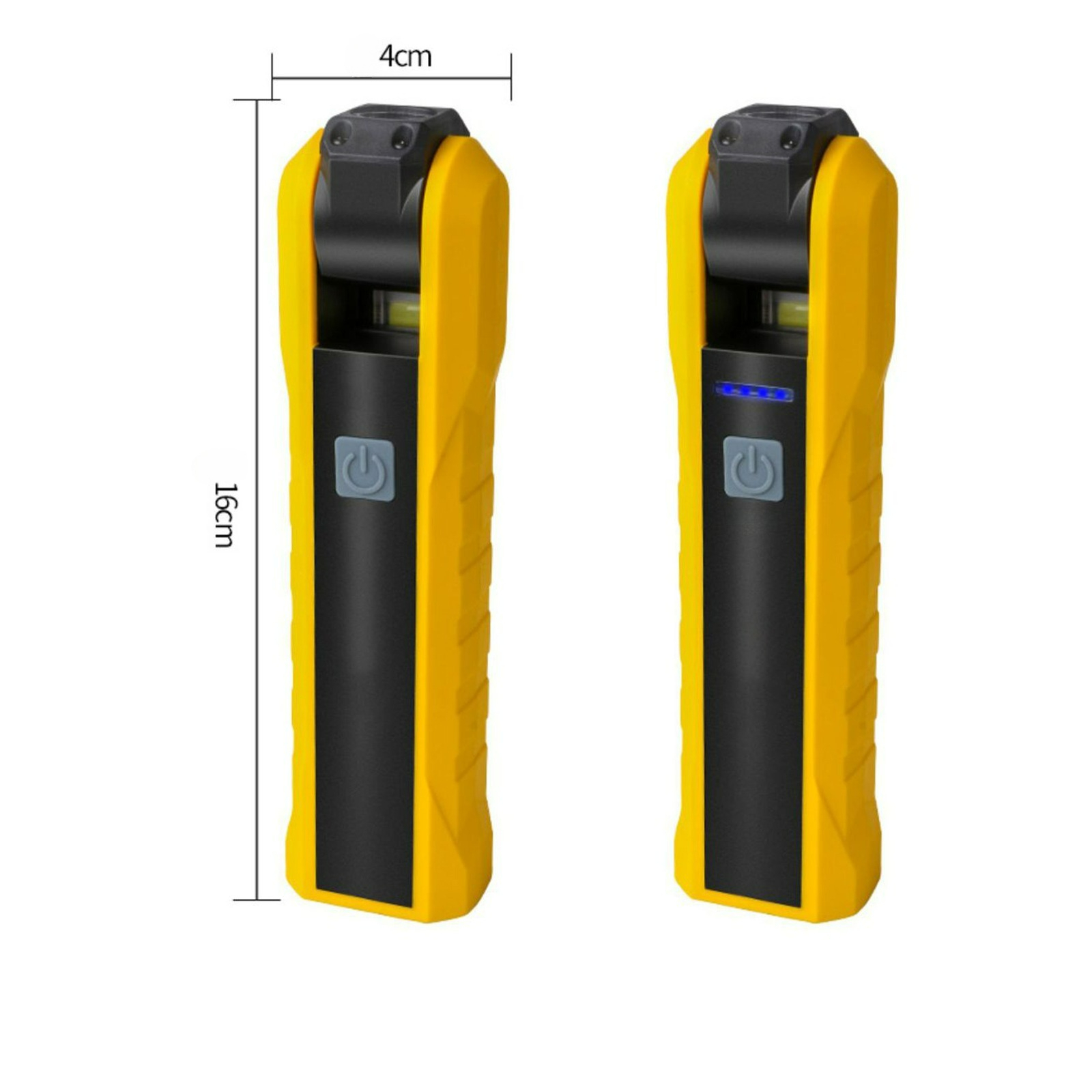 Zwei gelb-schwarze Taschenlampen. Sie sind 16 cm lang, mit Ein-/Aus-Taste und blauem Licht.