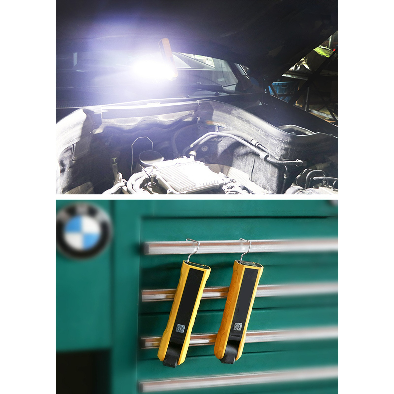 Zwei gelbe LED-Arbeitsleuchten. An Haken hängend. Motorraum im Hintergrund.