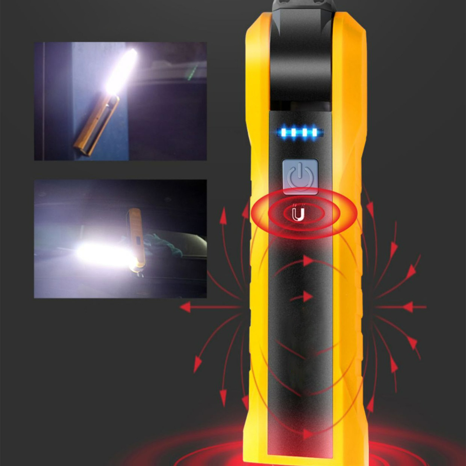 Gelb-schwarze Taschenlampe mit Knöpfen. Rote Linien zeigen Magnetfeld an.