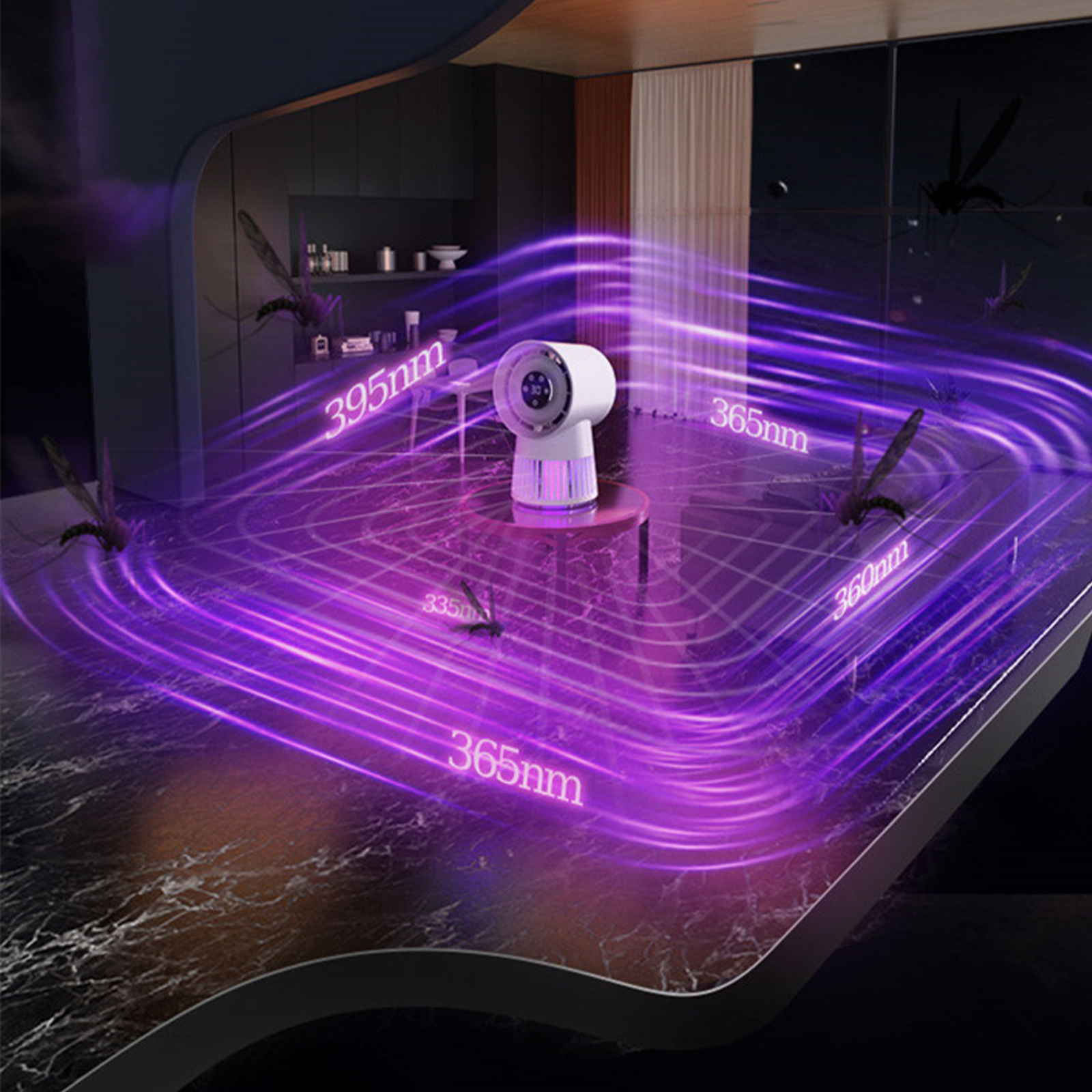 Eine UV-Lichtmaschine mit violettem Licht, das sie umgibt. Einige fliegende Insekten sind zu sehen.