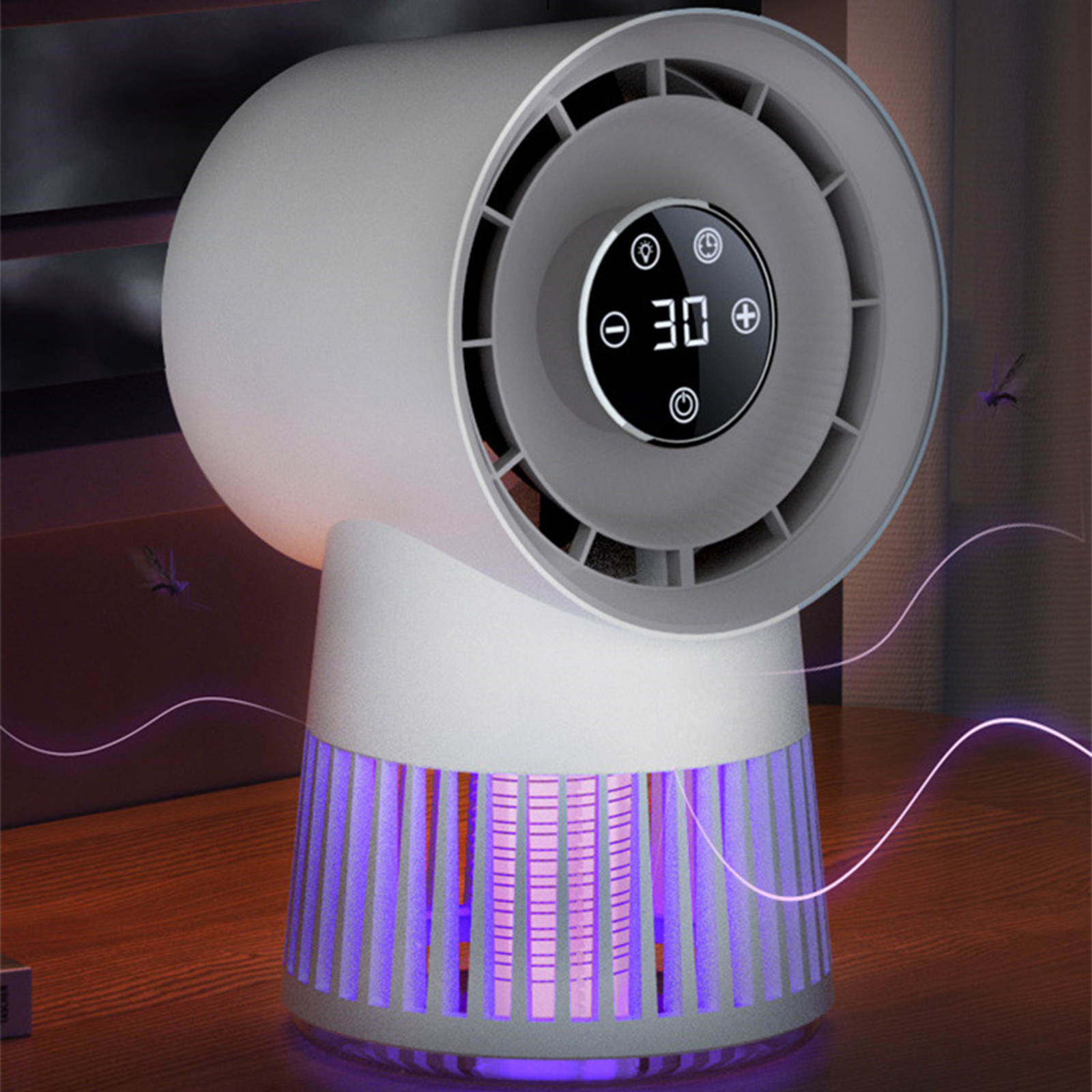 Weißer, fächerförmiger Moskitokiller mit Digitalanzeige, der violettes Licht aussendet, und hellem Hintergrund.