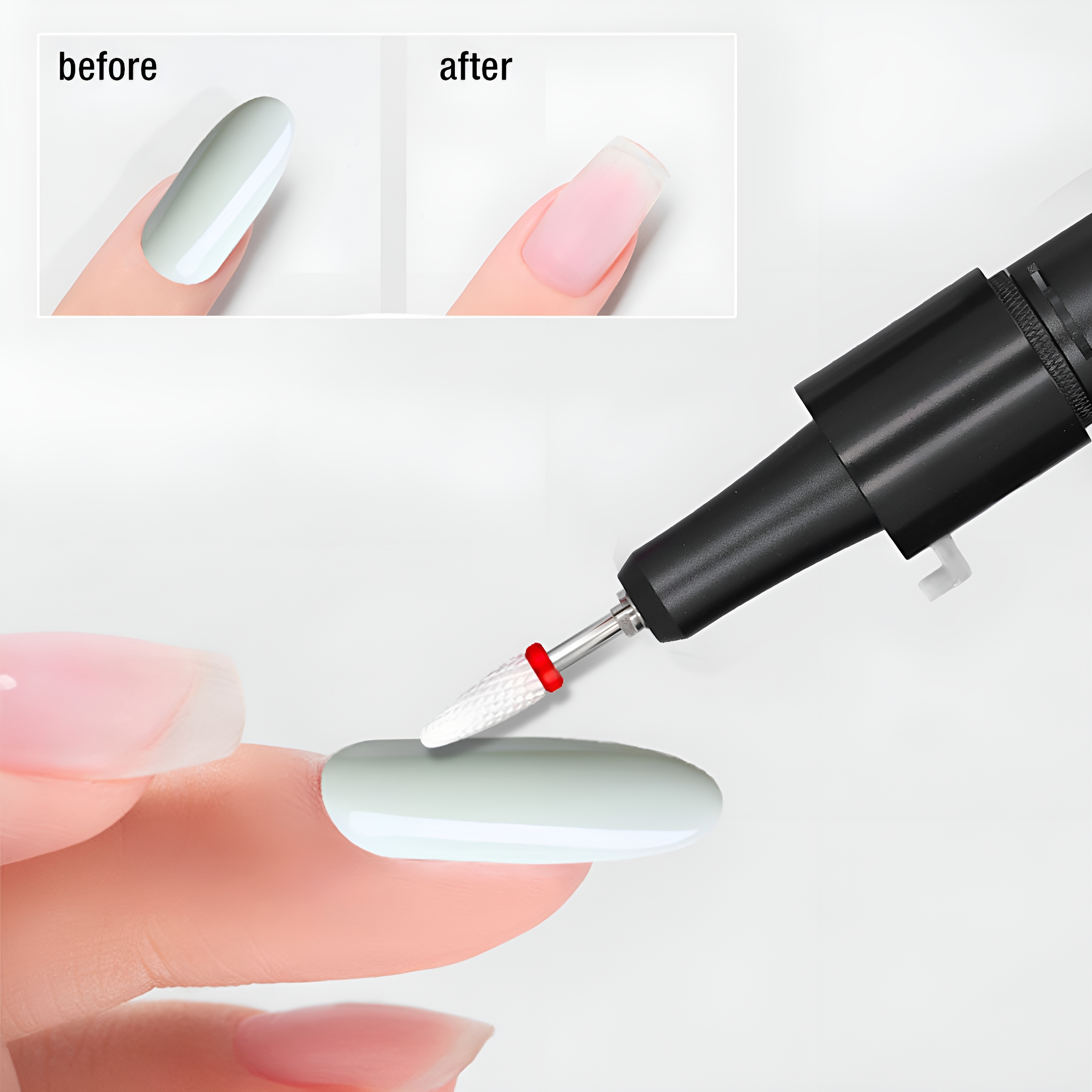 Nagel mit Politur wird mit einem Nagelbohrer gefeilt. Weißer Hintergrund.