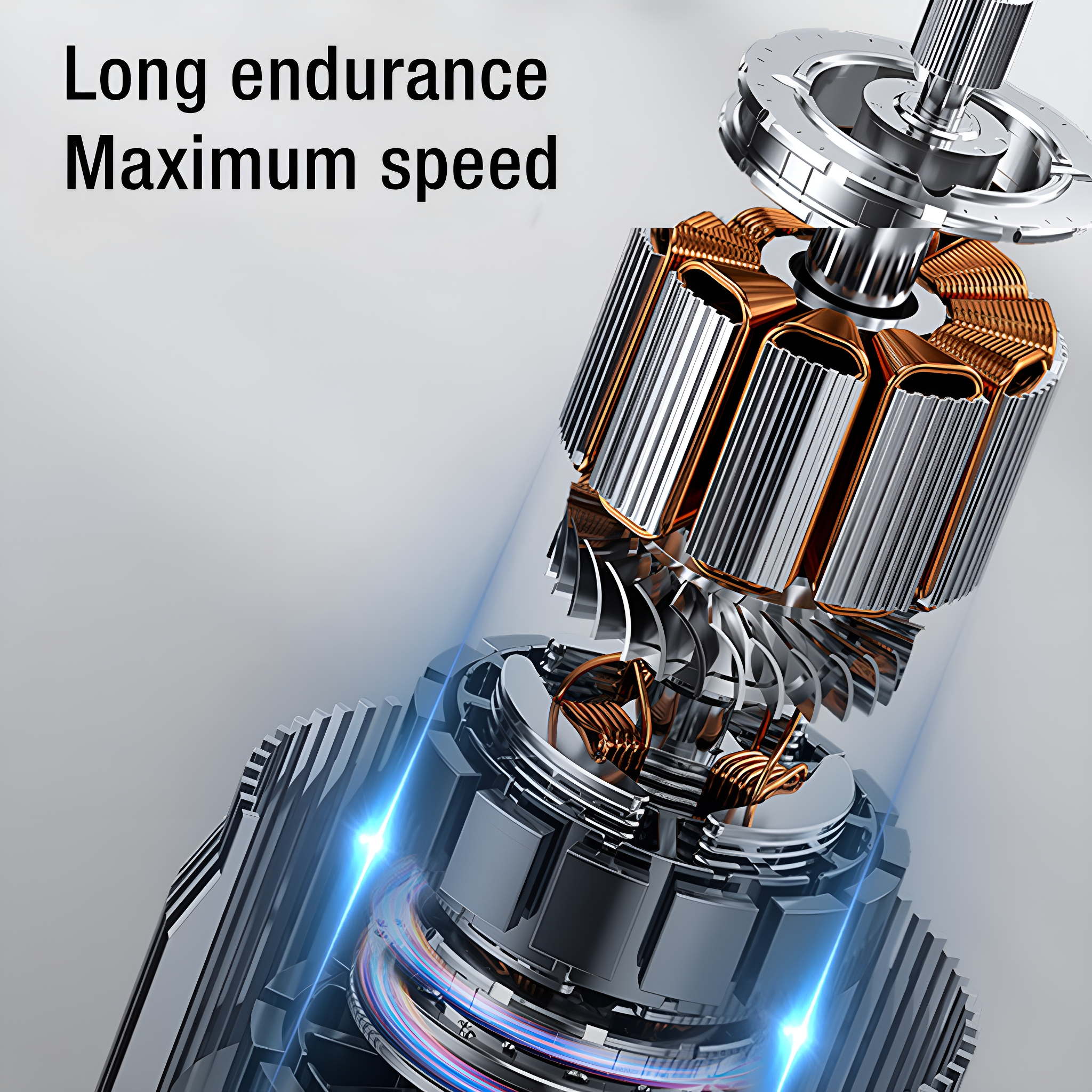 Nahaufnahme eines mechanischen Motors mit Kupfer- und Silberkomponenten, mit Text 'Lange Ausdauer'.