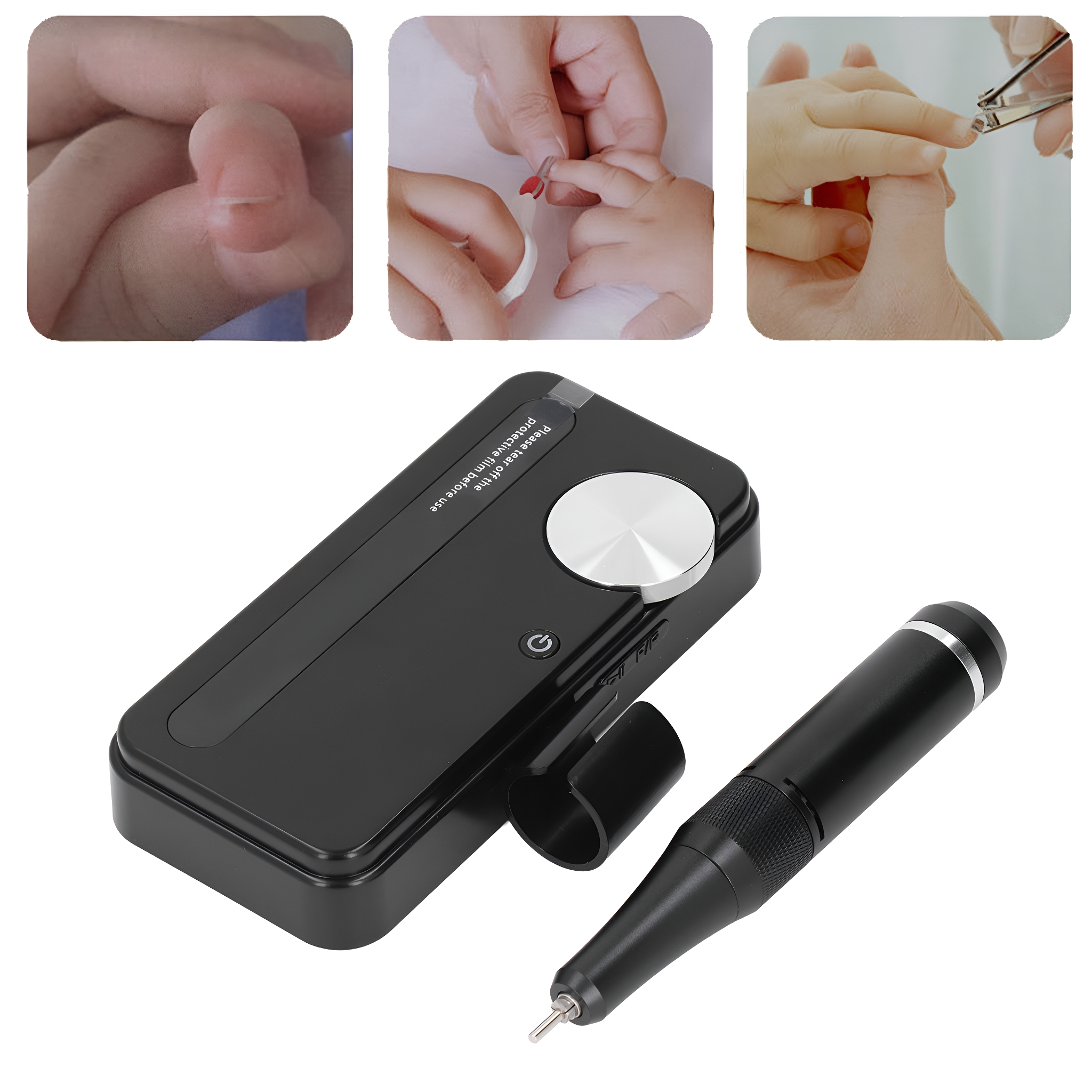 Bilder der Nagelpflege. Enthält einen Nagelknipser, eine Nagelfeile und ein Nagel-Schleifwerkzeug.