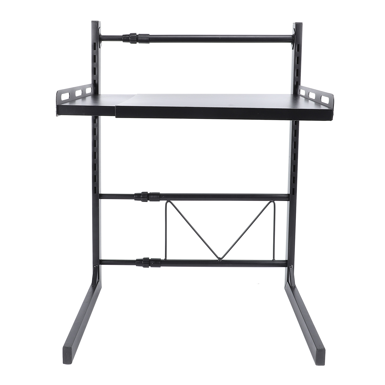 Schwarzer Metallschreibtisch mit oberem Regal und unterem Rahmen mit einem Regal.