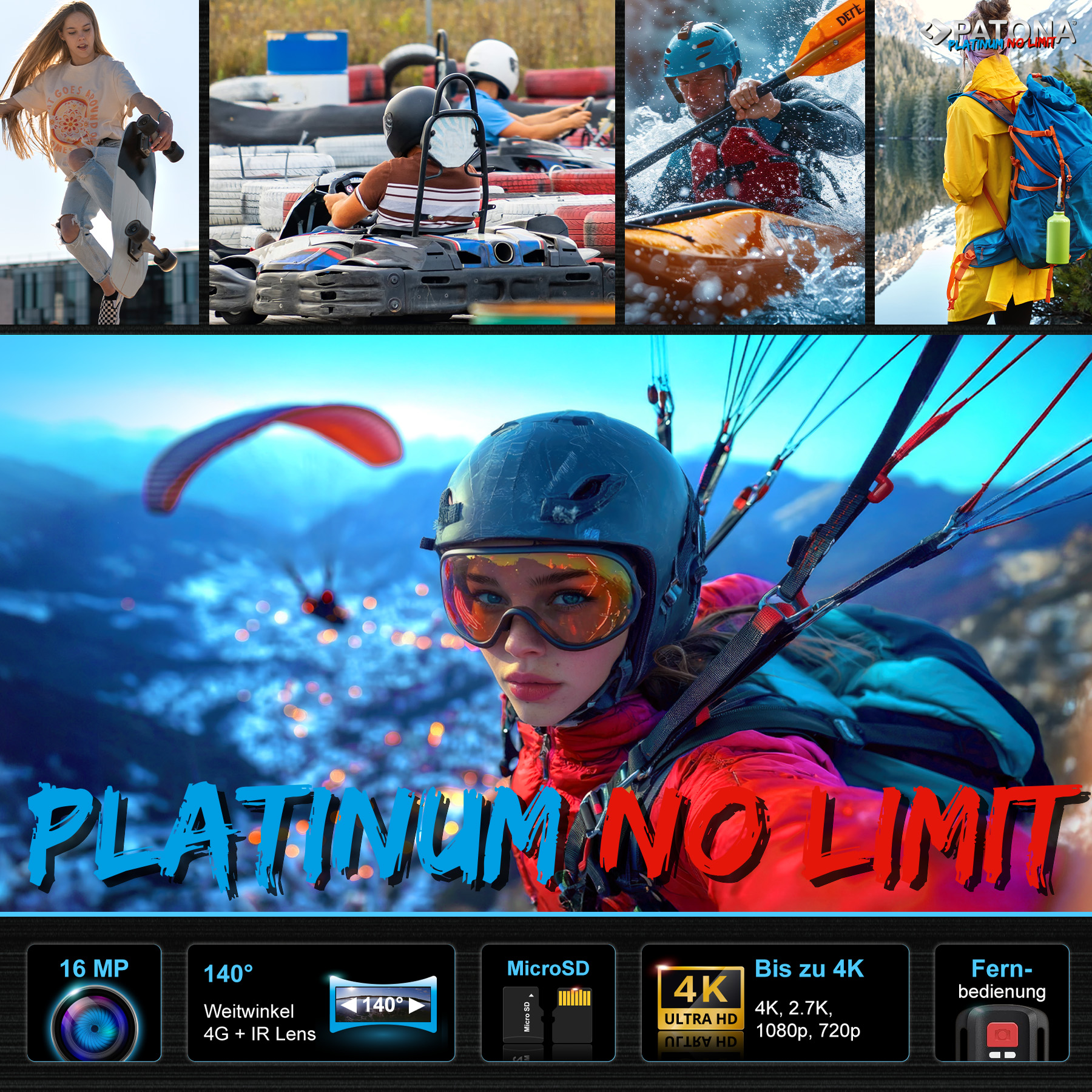 Collage: Skateboarderin, Go-Kart-Rennen, Kajakfahren, Wanderin, Paragliding. Text: PLATINUM NO LIMIT.