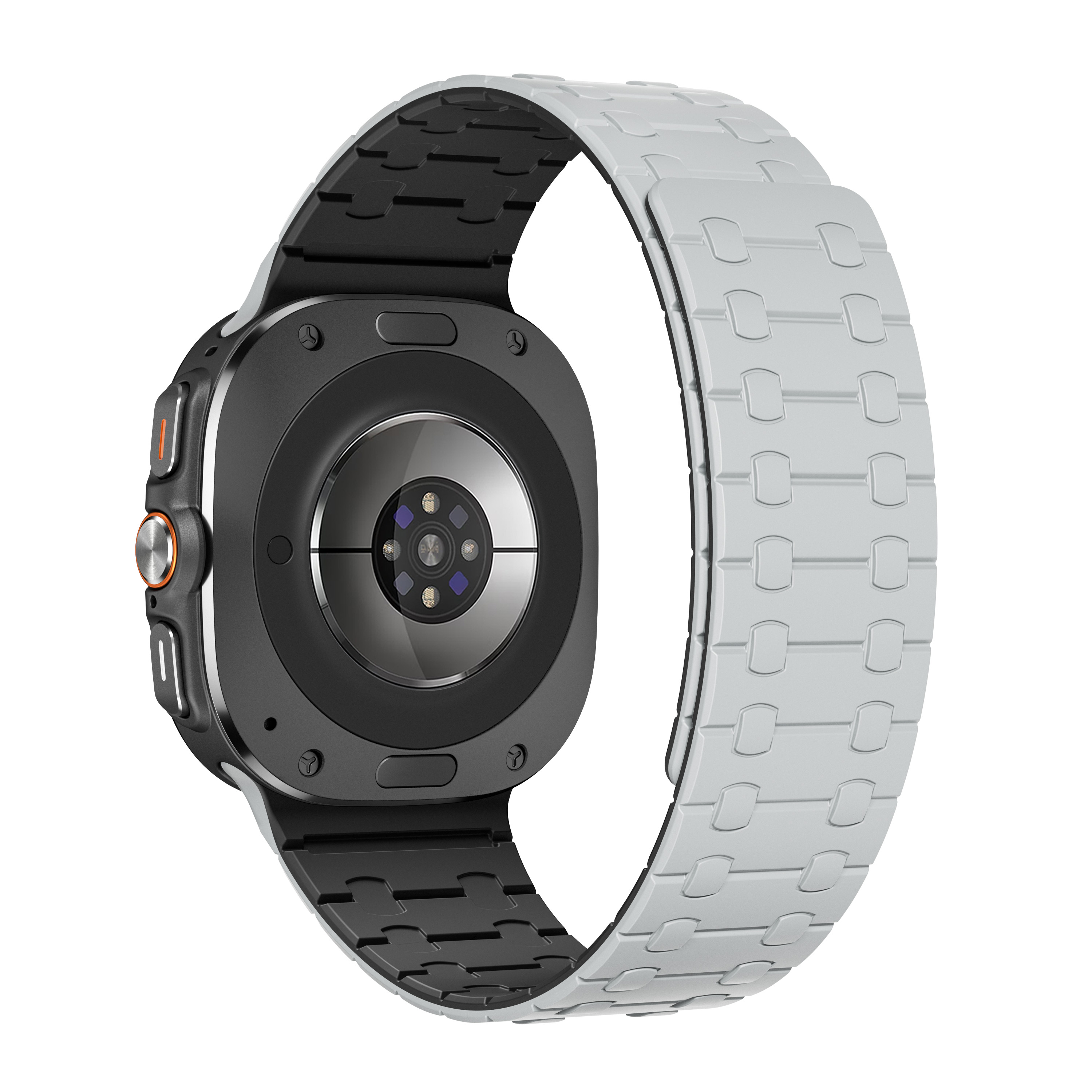 Schwarze und graue Smartwatch. Sie hat ein graues Armband und eine orangefarbene Taste.