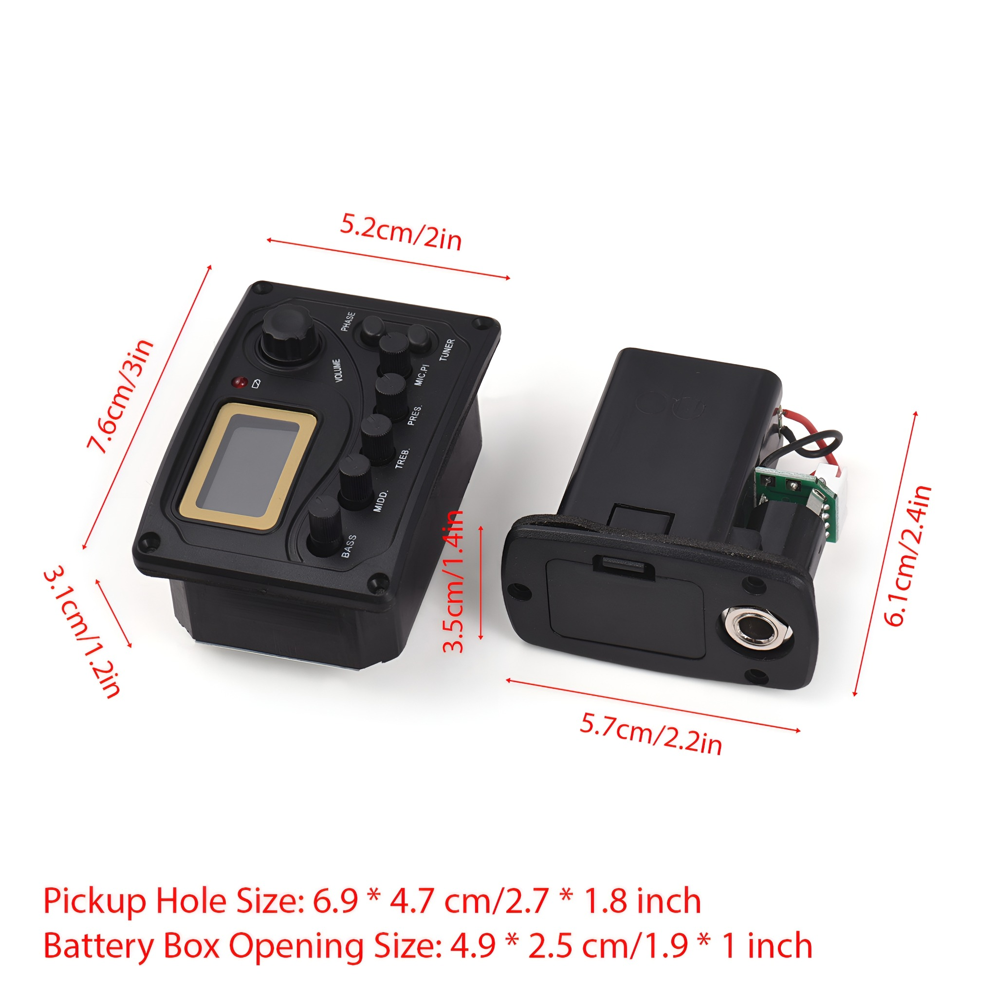Zwei schwarze Pickup-Boxen mit Abmessungen. Eine hat einen Bildschirm und Knöpfe, die andere einen Anschluss.