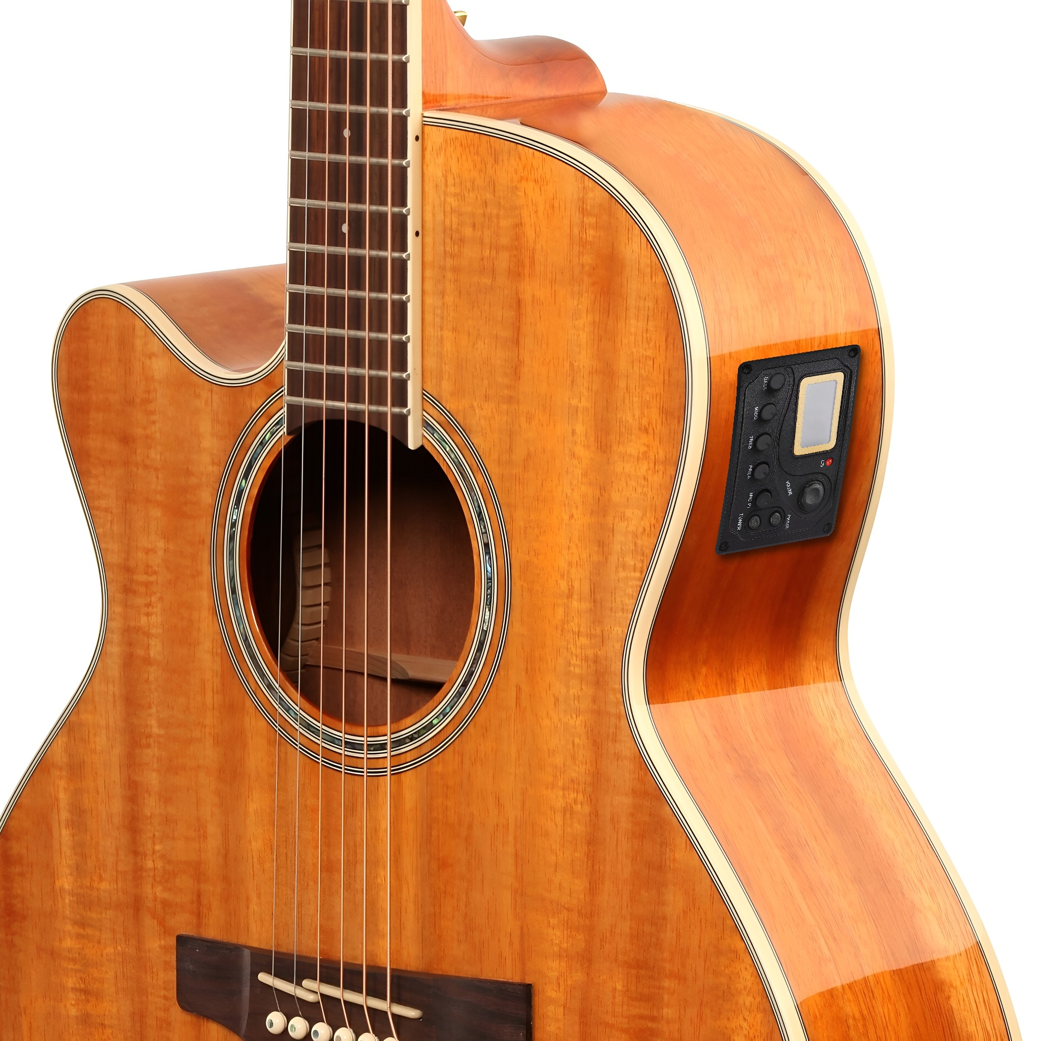 Akustikgitarre mit Cutaway. Braunes Holz, mit Saiten und einem Bedienfeld.