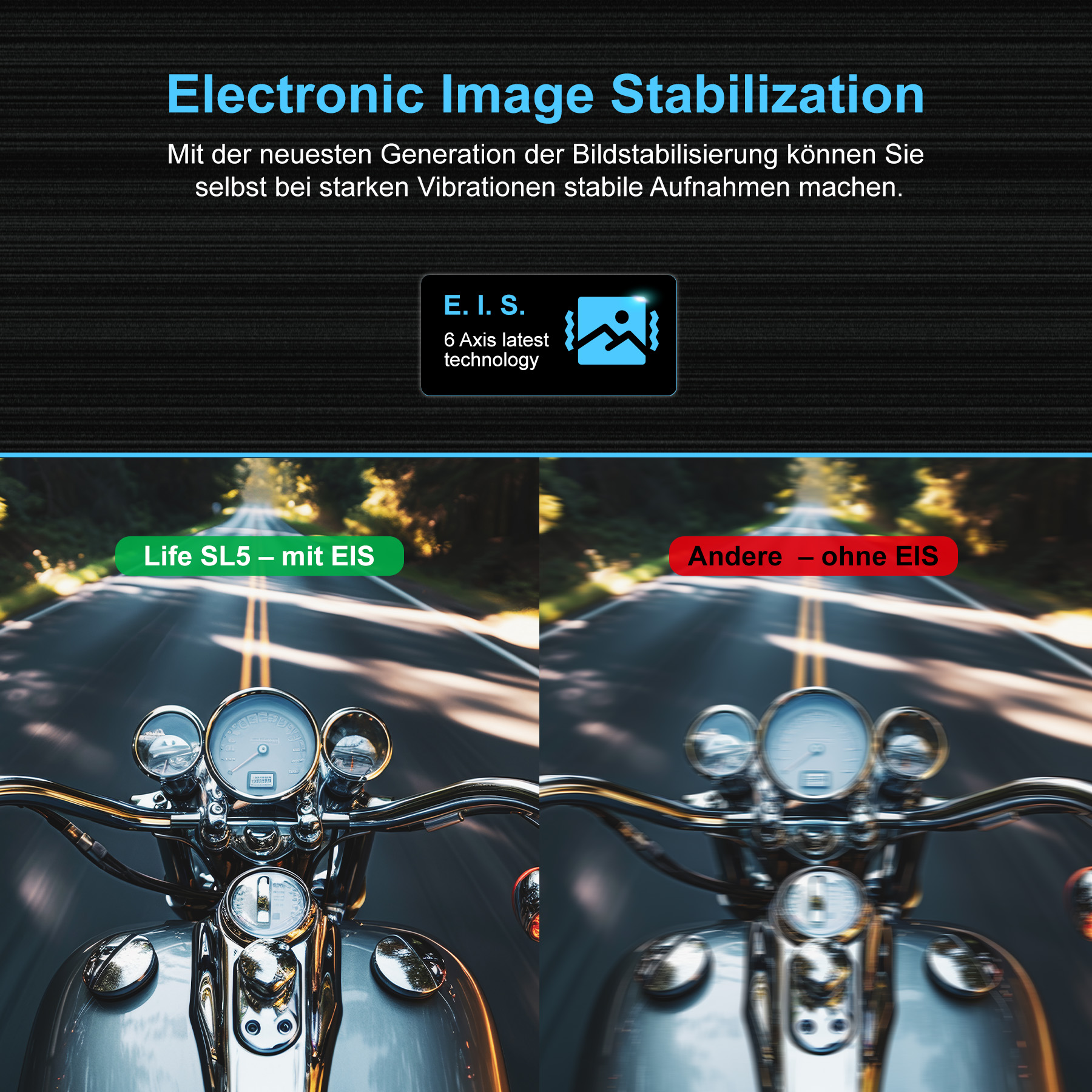 Bildvergleich: Motorrad auf der Straße. Links: mit EIS. Rechts: ohne EIS, zeigt Unschärfe.