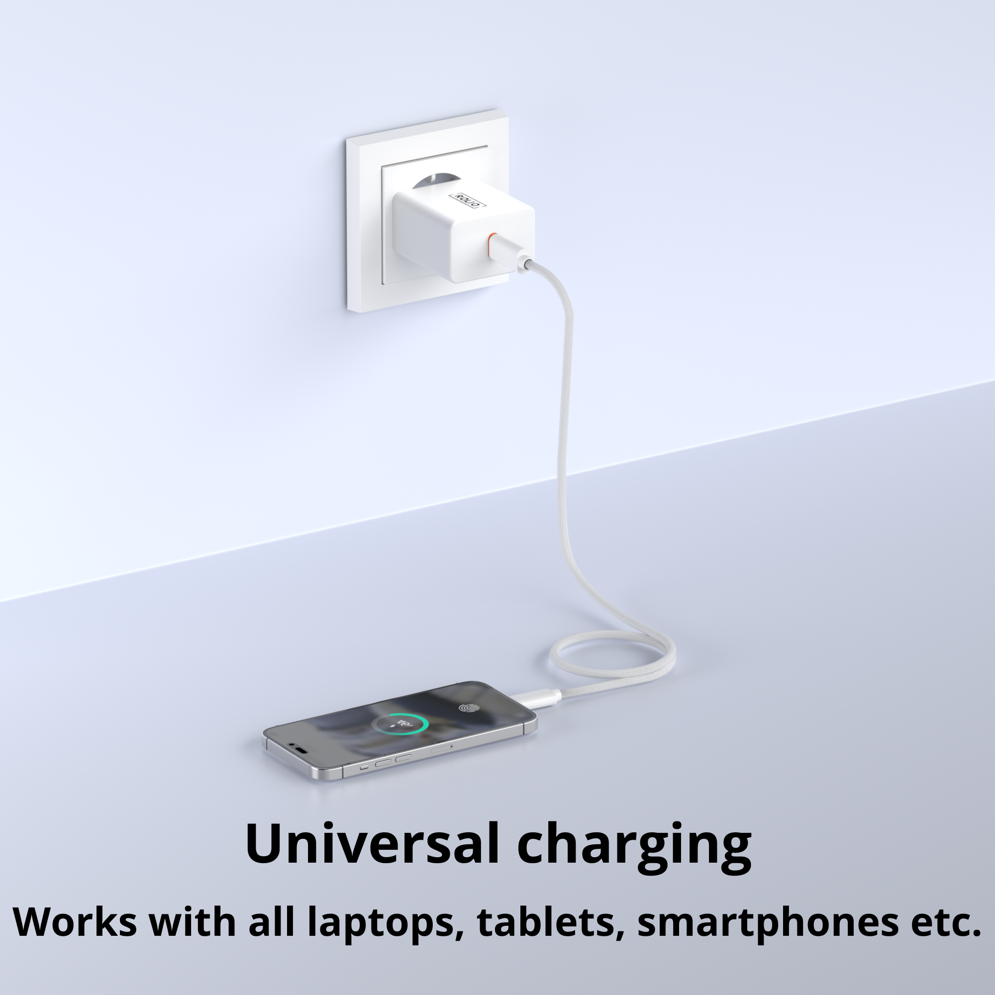 Un smartphone se chargeant avec un chargeur blanc branché sur une prise murale.