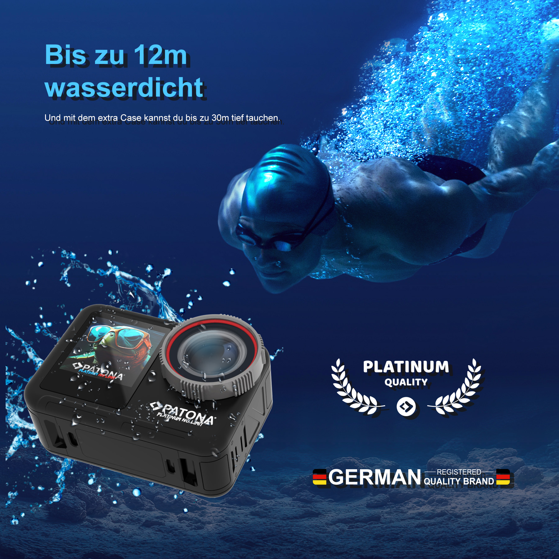 Ein Sportler taucht unter Wasser neben einer Kamera. "Bis zu 12m wasserdicht."