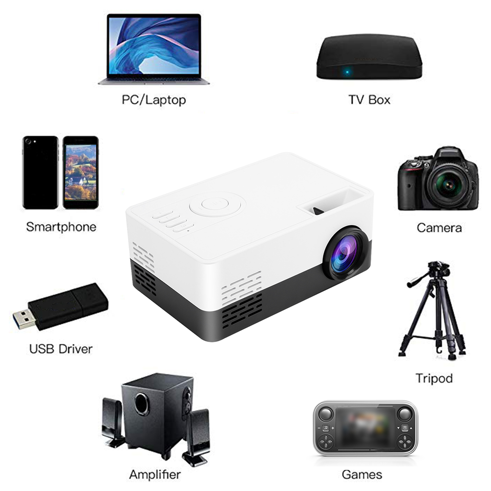 Ein Projektor, umgeben von Laptop, TV-Box, Smartphone, Kamera, USB, Verstärker, Stativ und Spielen.