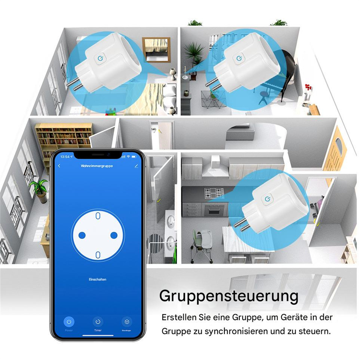 Ein Telefonbildschirm mit dem Wort 'Einschalten'. Bilder von Smart Plugs werden gezeigt.