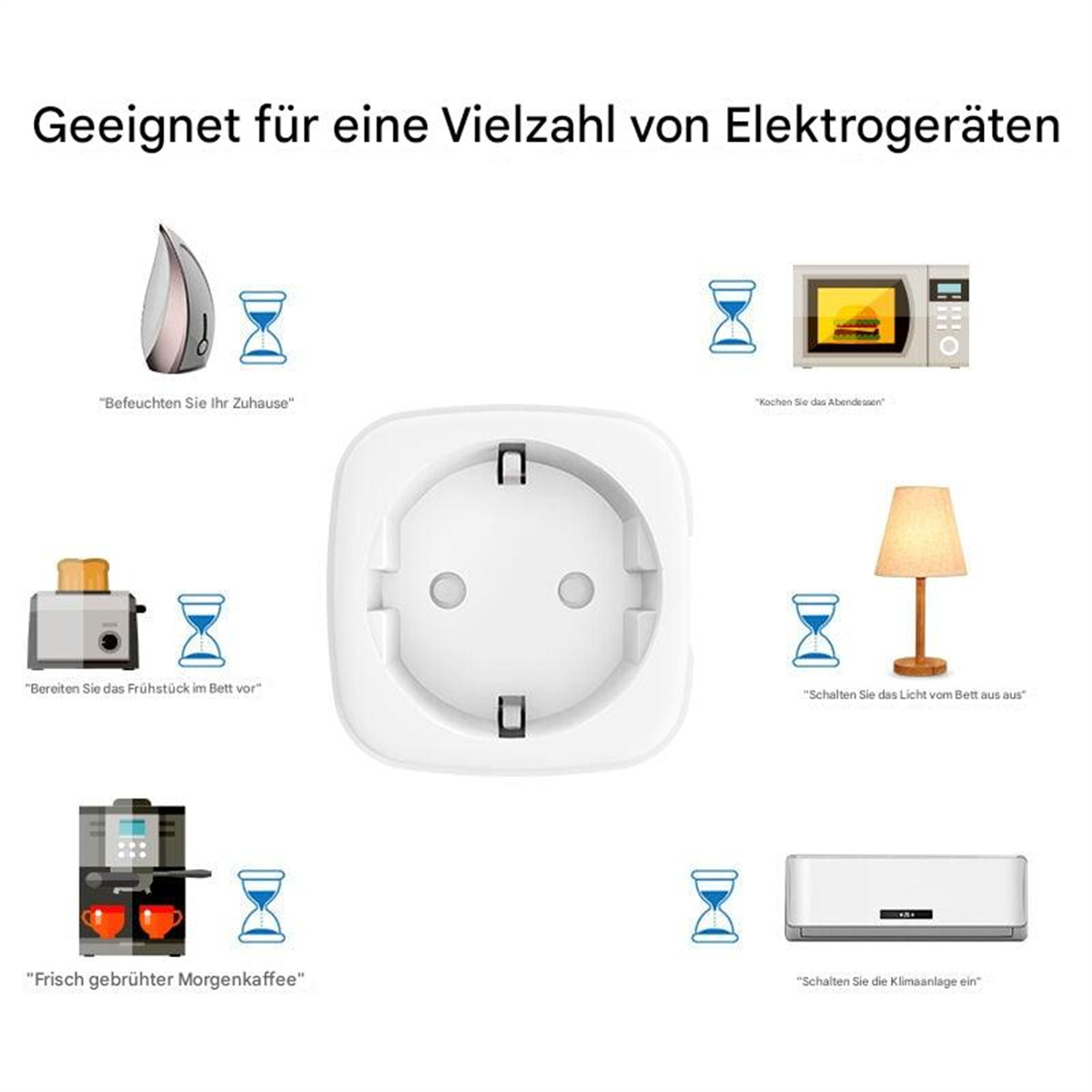 Eine Steckdose mit verschiedenen Symbolen für kleine Geräte, die Smart-Home-Funktionen veranschaulichen.