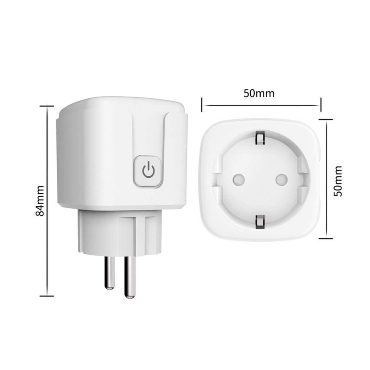 Weißer Smart Plug mit Maßen. Stecker und Steckdose mit einem Ein-/Aus-Symbol.