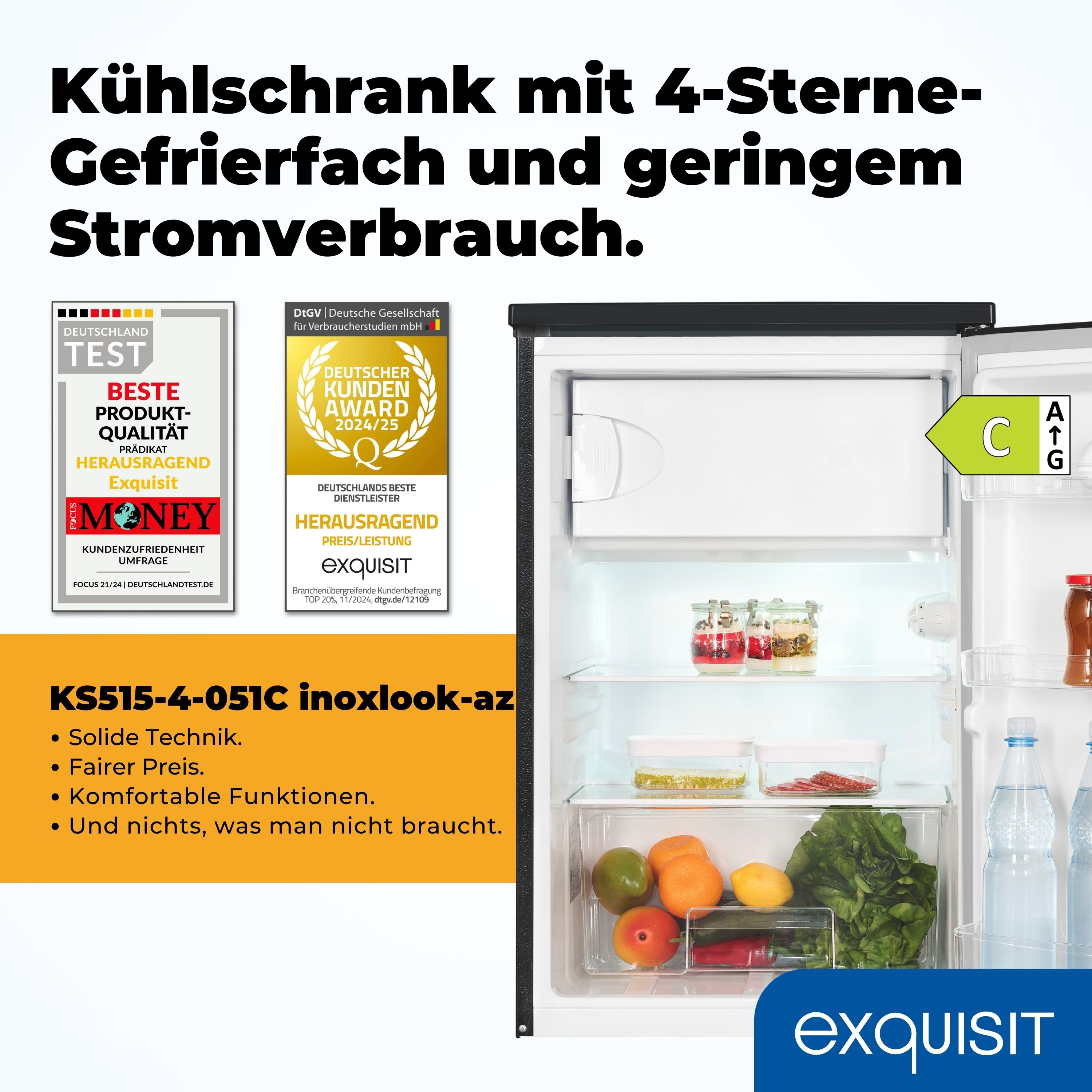 Kühlschrank mit offener Tür, die Lebensmittel zeigt. Auszeichnungen und Text links.