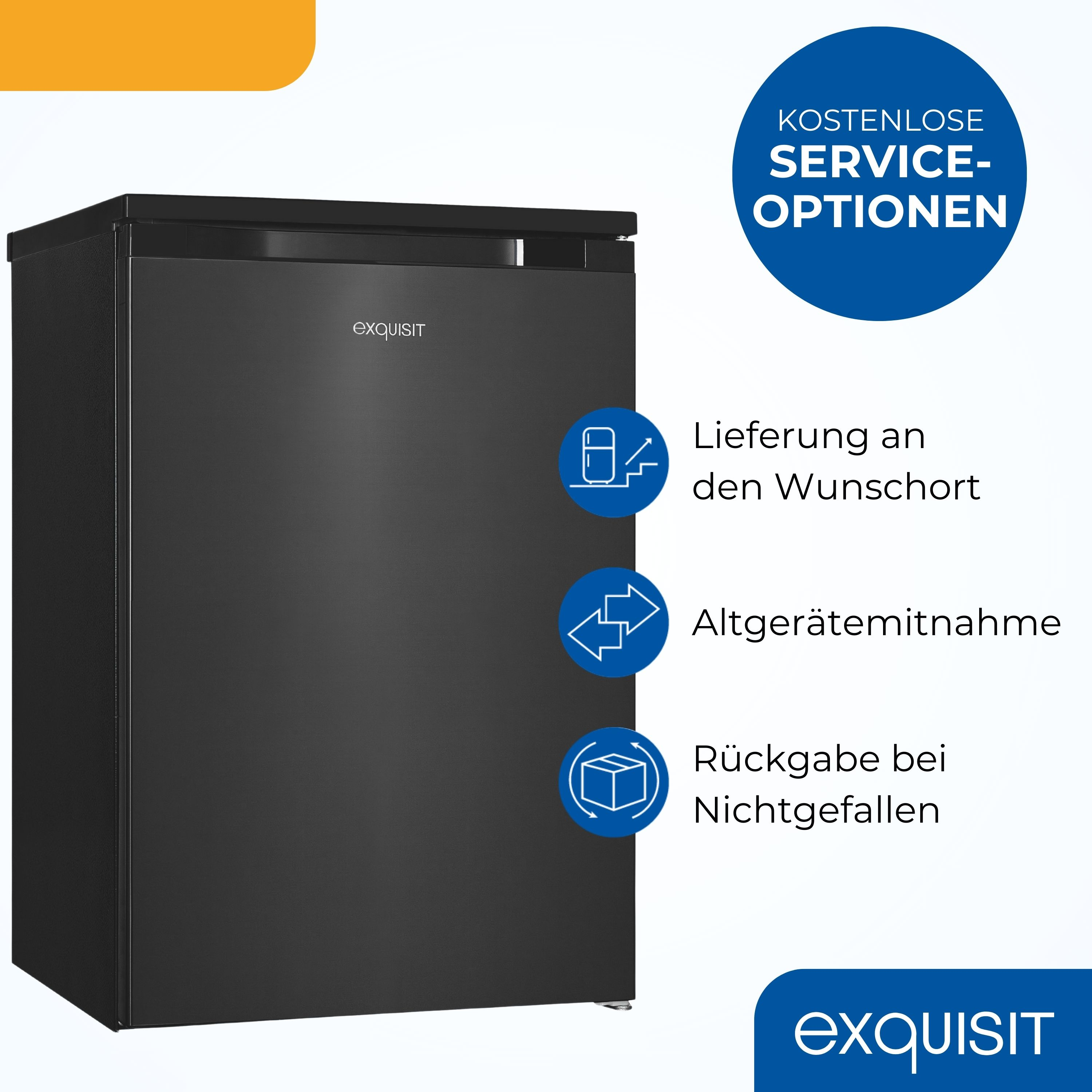 Schwarzer Mini-Kühlschrank mit Textkennzeichnungen zu Serviceoptionen. Weißer Hintergrund mit blauen und orangefarbenen Akzenten.