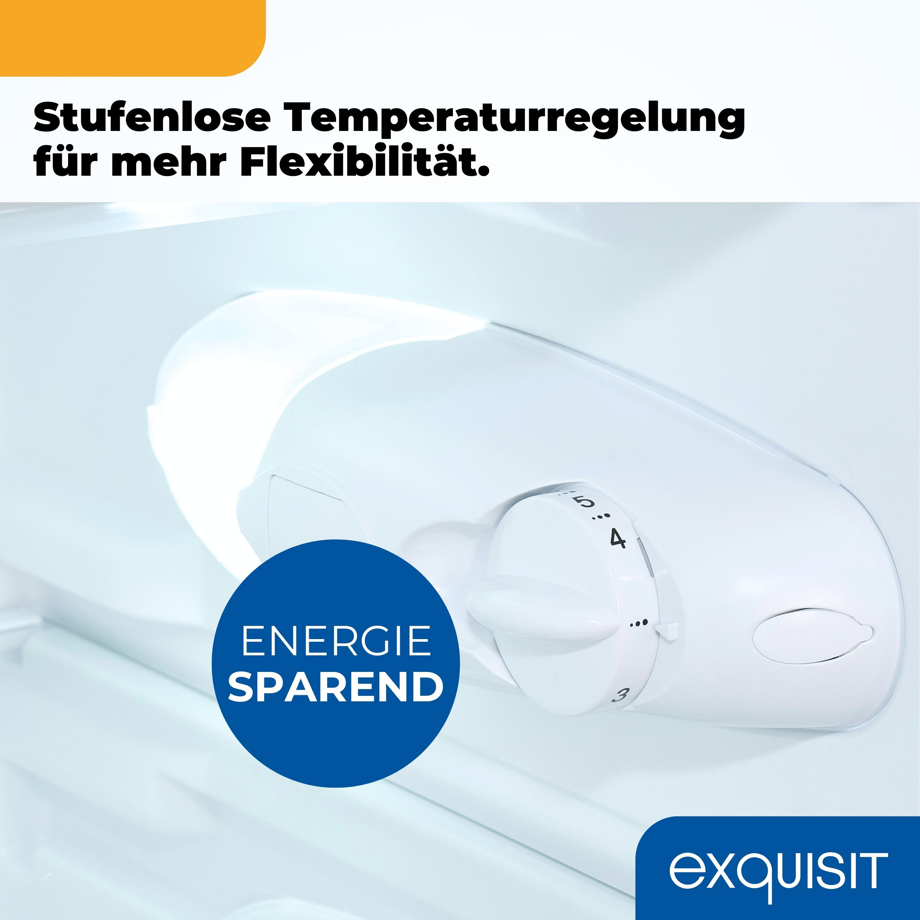 Weißes Kühlschrank-Bedienfeld mit Knopf und Text. Blauer Text: Energiesparen. Toptext: Temperaturregelung.
