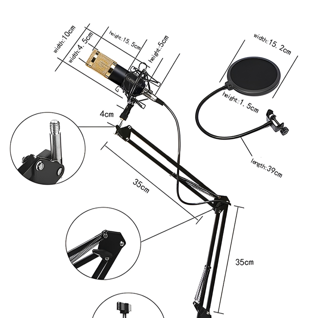 Diagramm eines Mikrofons mit Ständer und einem Pop-Filter. Weißer Hintergrund.